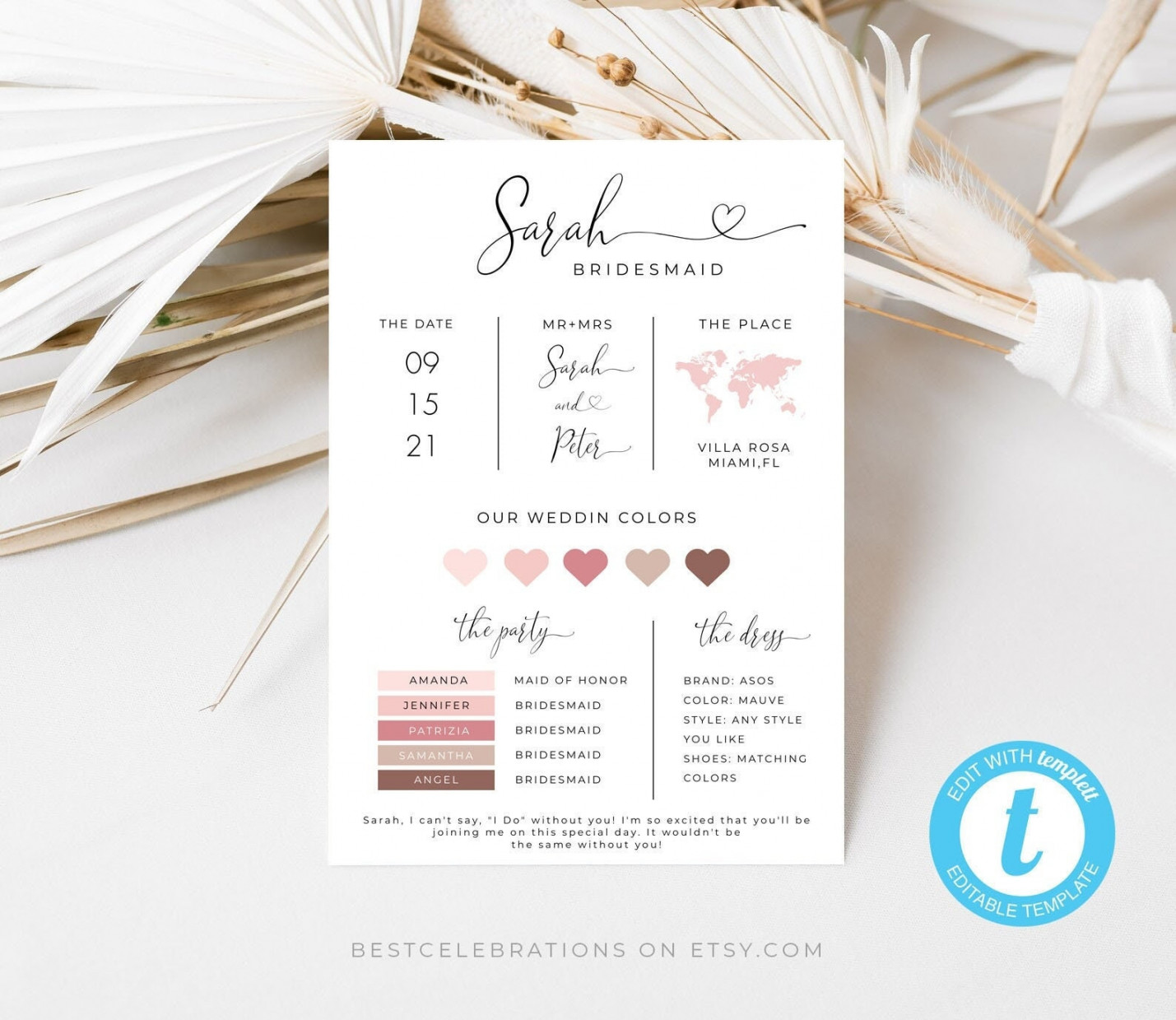 ROSA Bridesmaid Info Card Template Bridal Party Info Card - Etsy