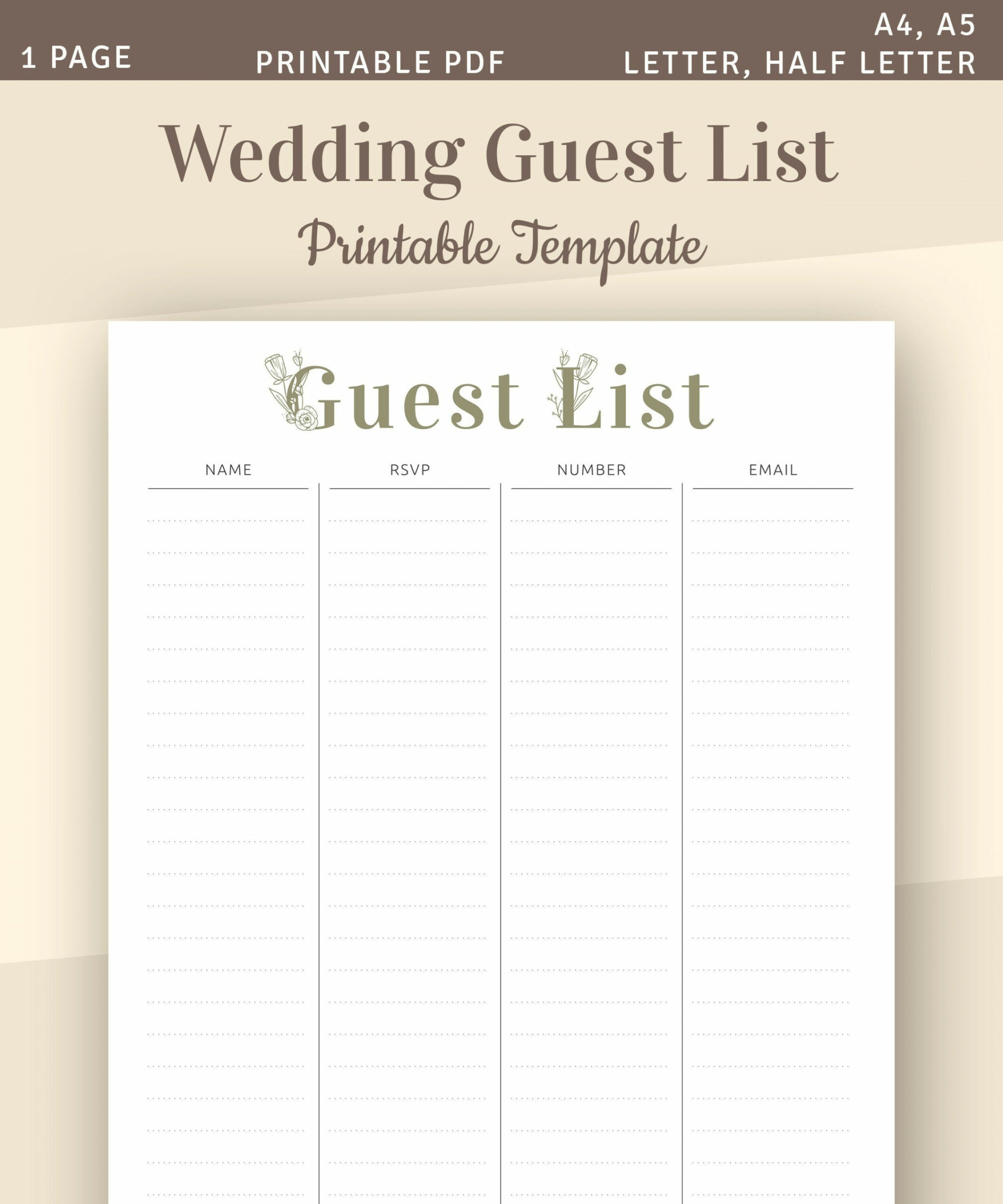 Wedding Guest List Printable Wedding Template Guest List - Etsy