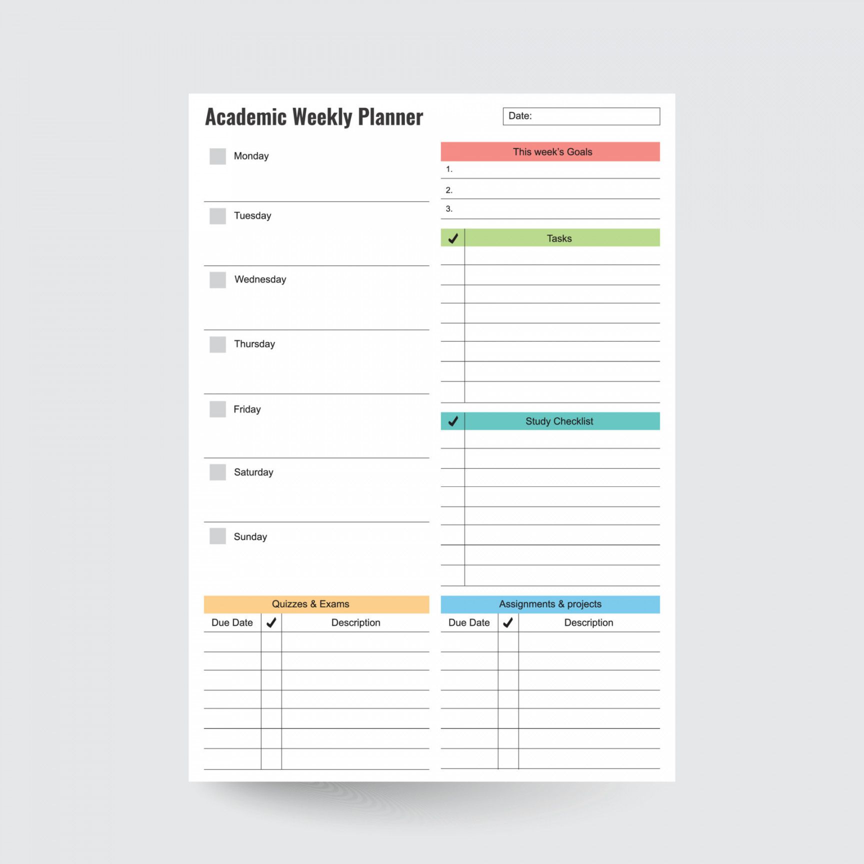 Academic Weekly Planner,Student Planner,Printable Weekly Insert