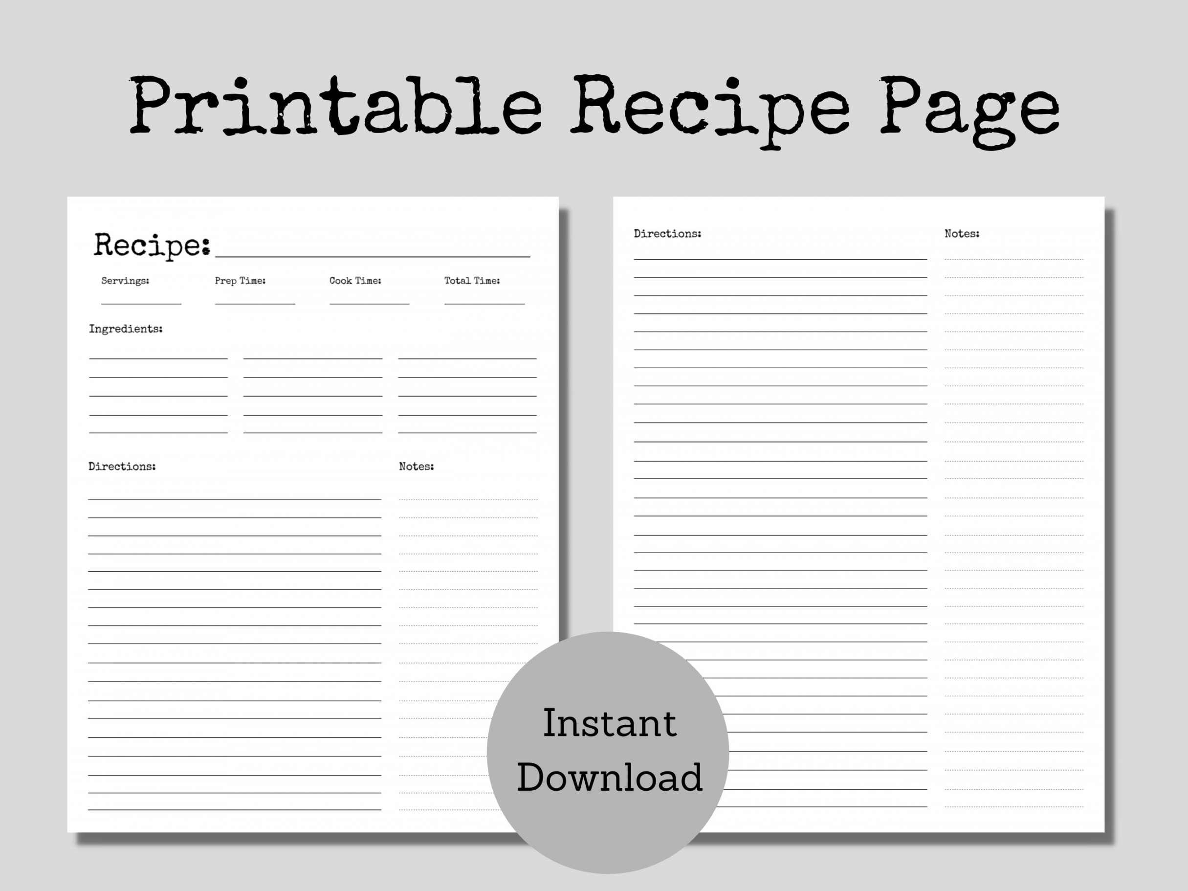 Blank Recipe Page / Recipe Card / Recipe Template / Typewriter