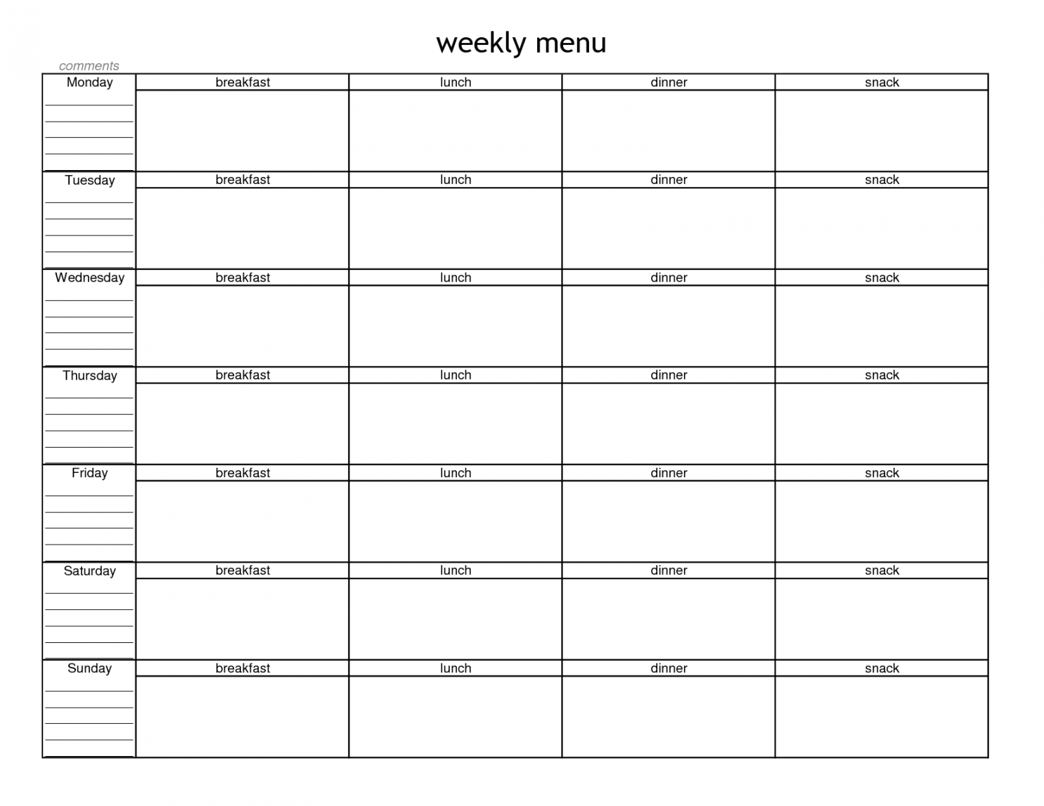 Blank+Weekly+Menu+Planner+Template  Weekly menu template, Weekly