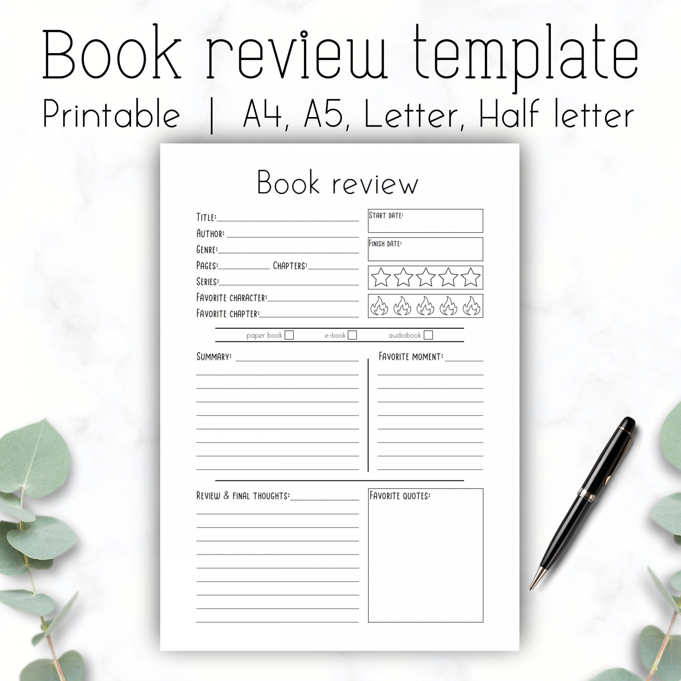 Book Review Template Simple Book Review Printable A A - Etsy