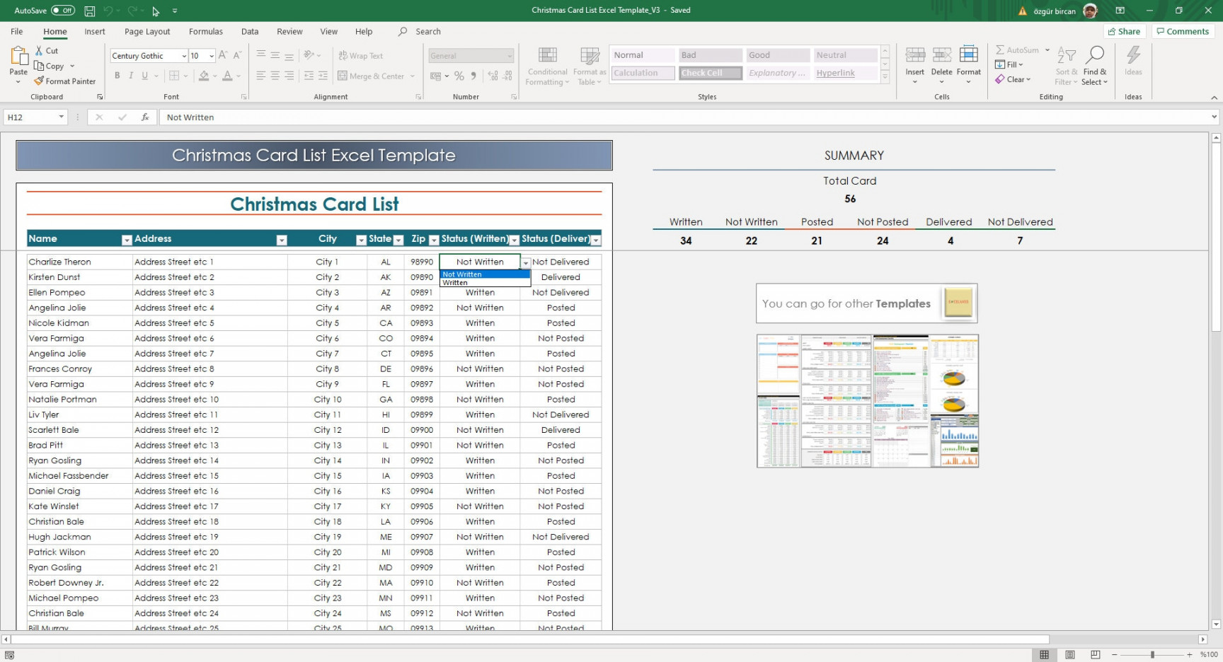 Christmas Card List Excel Template Christmas Card Tracker - Etsy