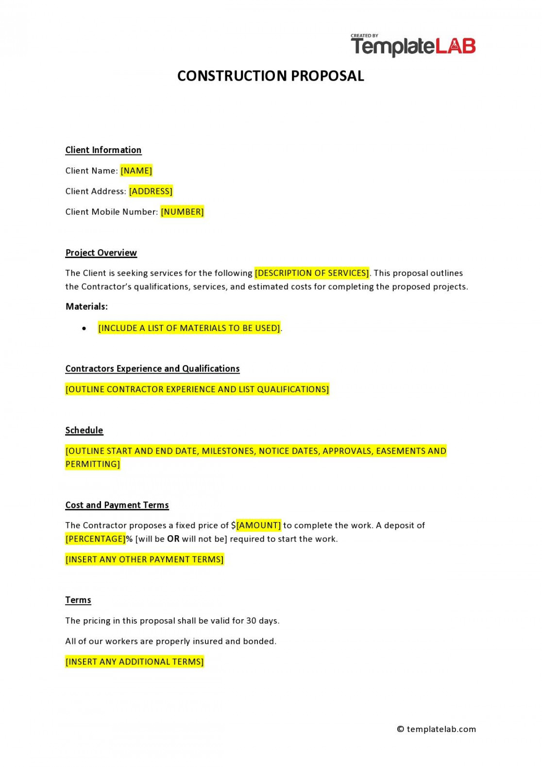 Construction Proposal Template & Construction Bid Forms