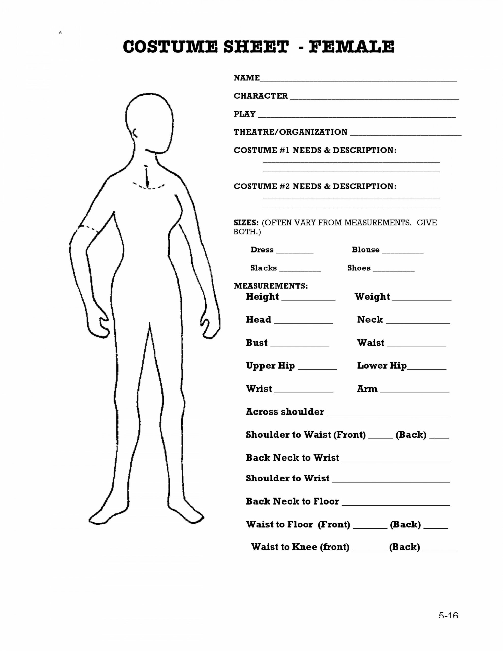 Costume Sheet- Female  Costume design, Sewing measurements