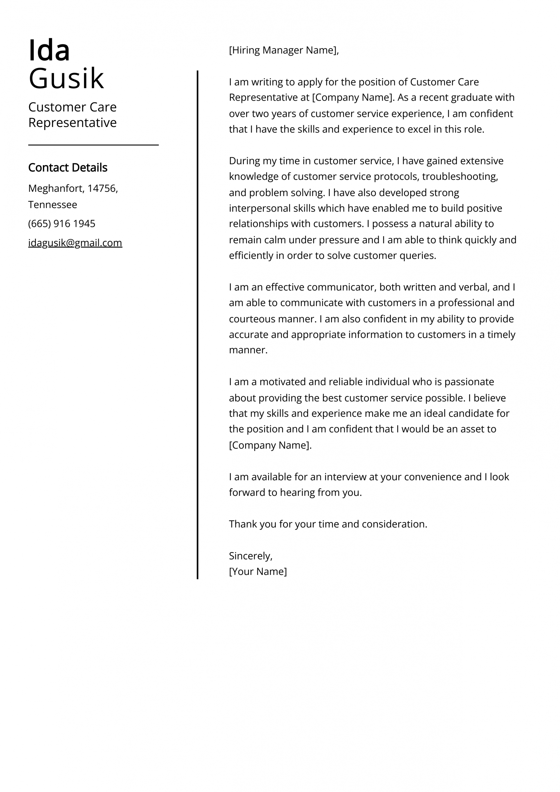 Customer Care Representative Cover Letter Example (Free Guide)