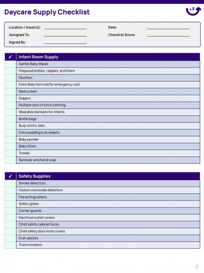 Daycare Supply Checklist  Xenia Templates