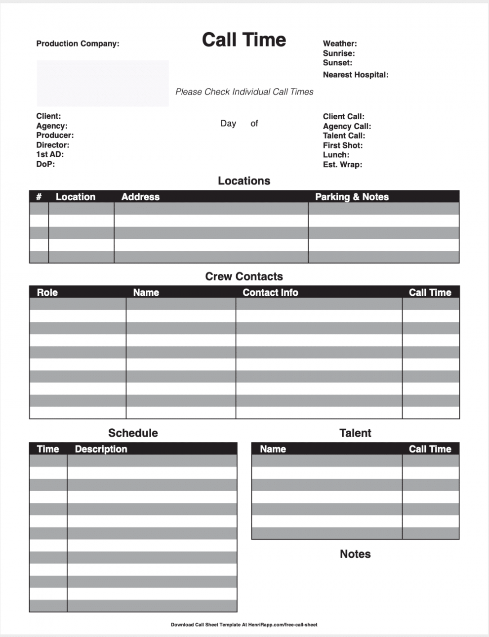 Download Free Call Sheet Template - Henri Rapp