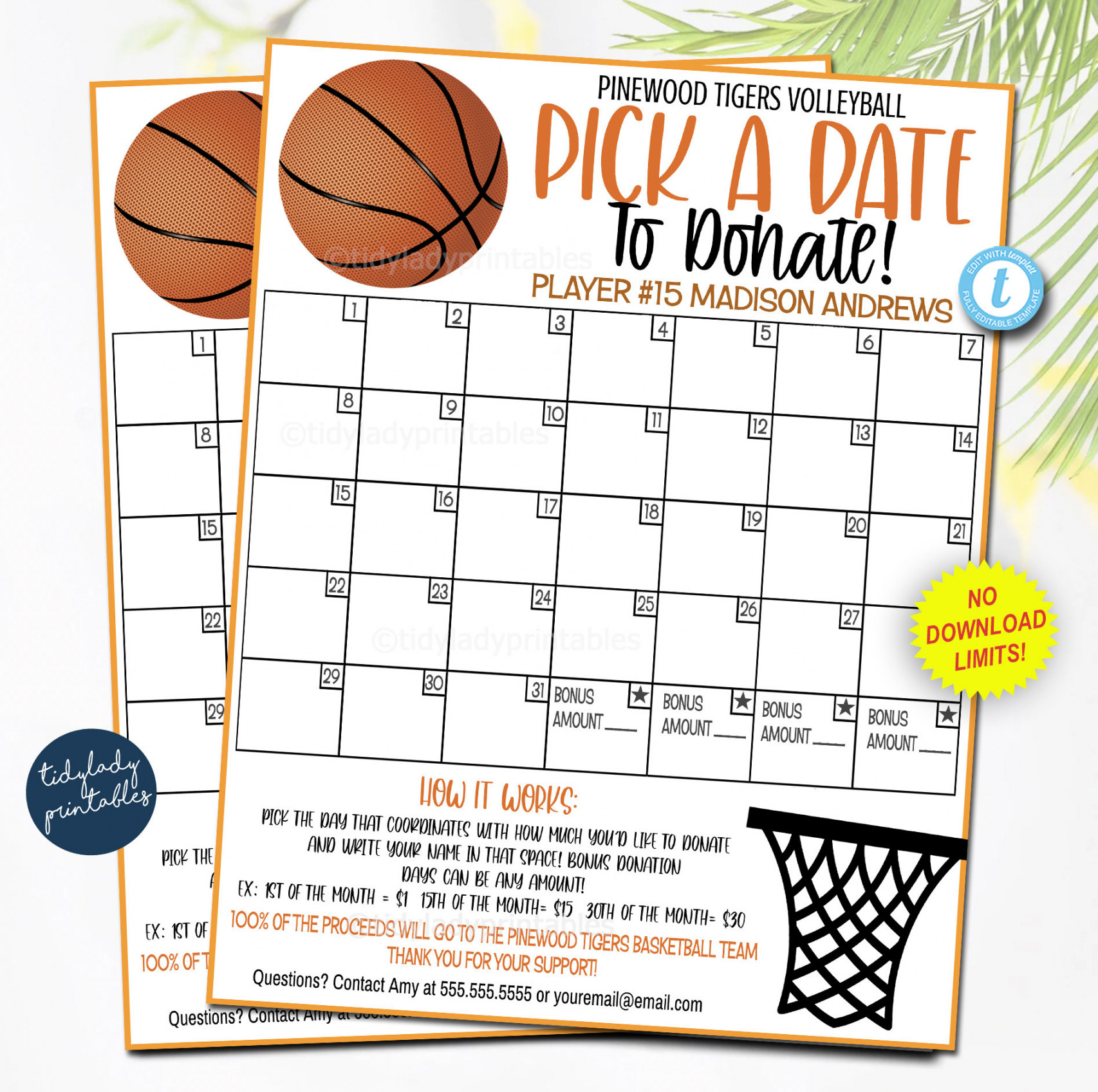 EDITABLE Basketball Pick a Date to Donate Printable, Basketball Fundraiser  Team Sports Basketball Player Calendar Printable Digital Template