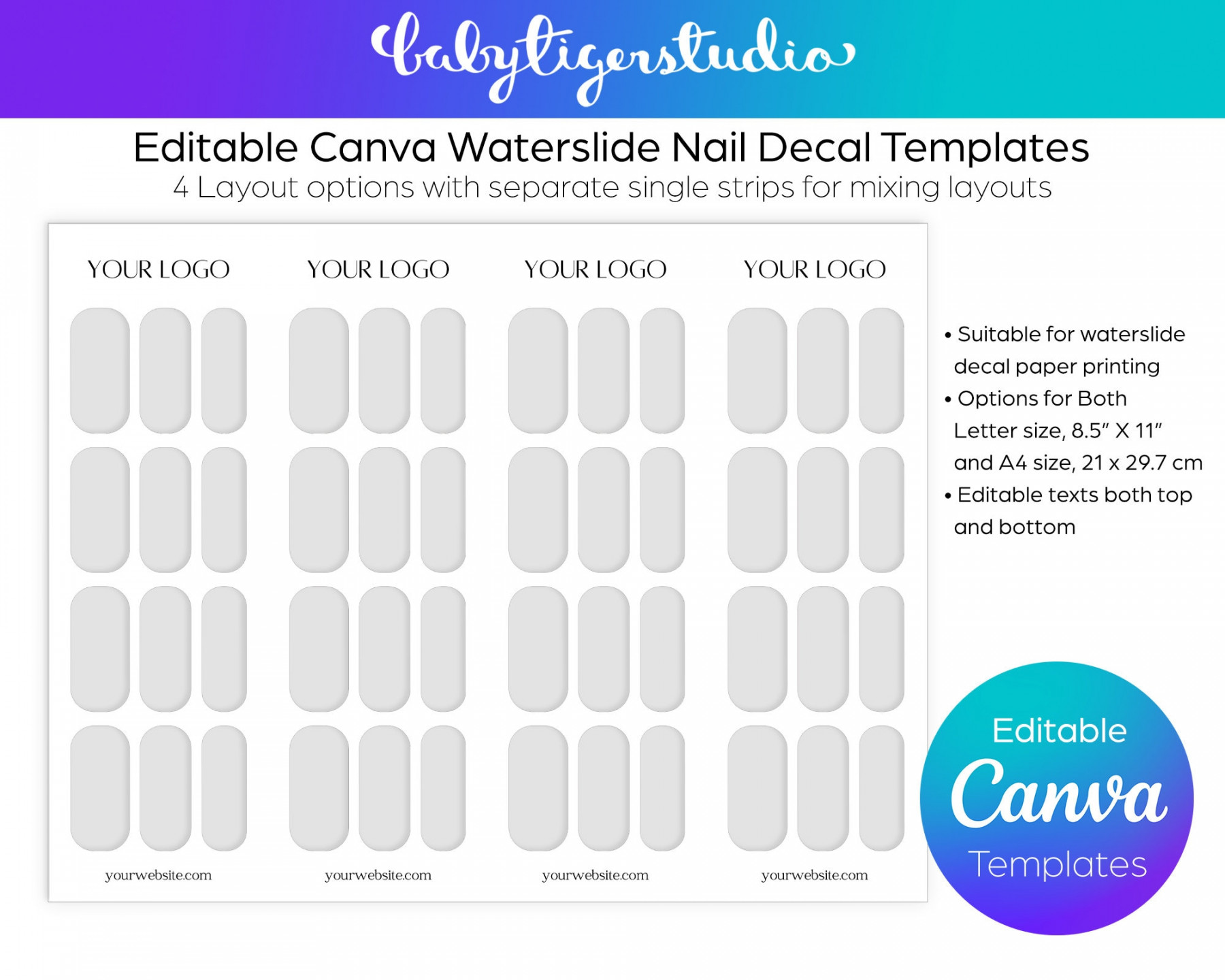 Editable CANVA Waterslide DIY Nail Decal Design Templates for