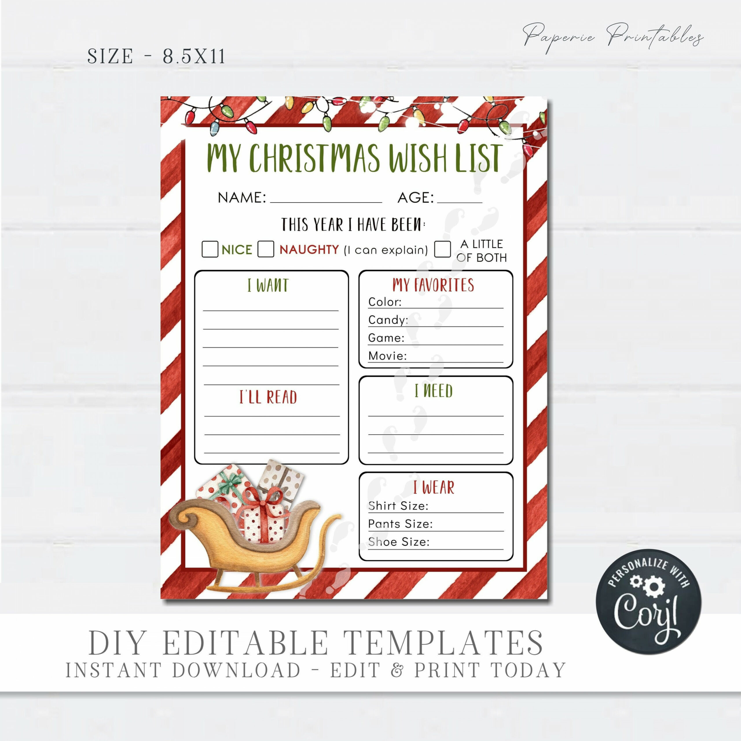 EDITABLE Christmas Wish List for kids Christmas Wish List Template