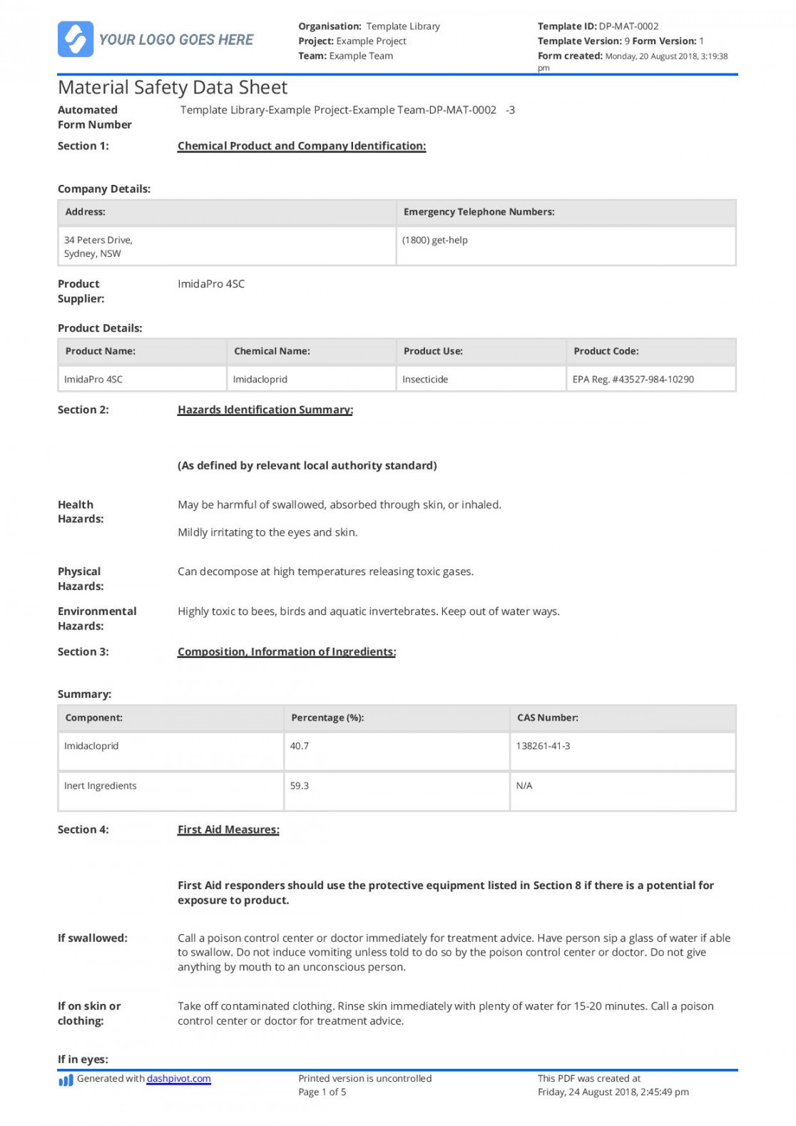 Example of Material Safety Data Sheet (MSDS) - Free and customisable