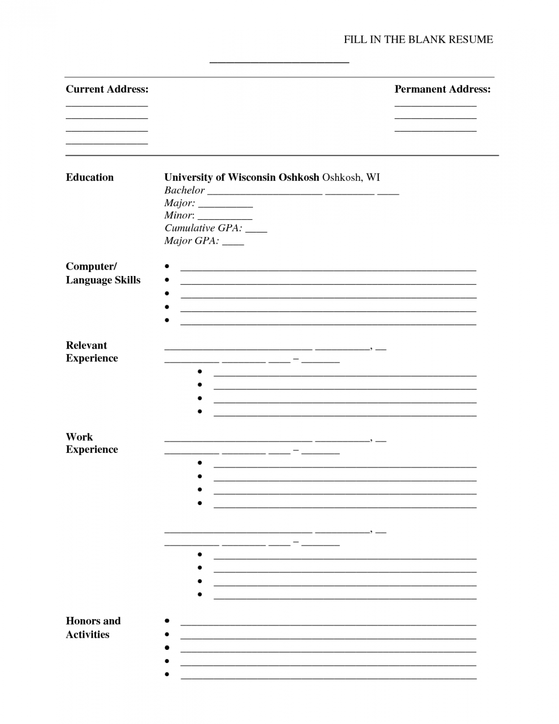 fill in blank resume form  Fill in the Blank Sample Resume  Free