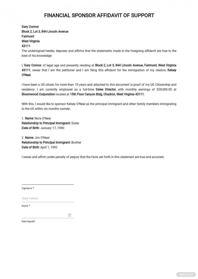 Financial Sponsor Affidavit of Support Template - Download in Word