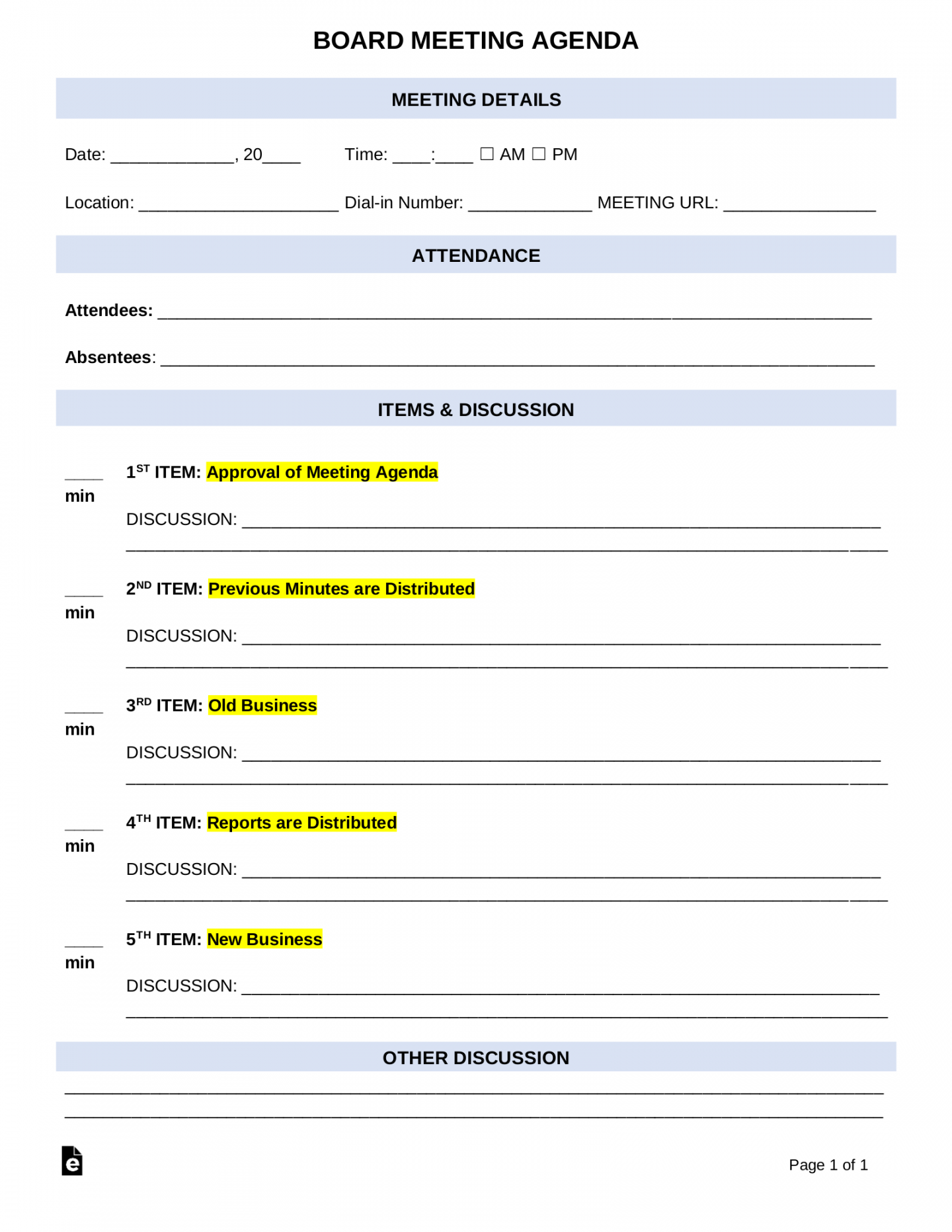 Free Board Meeting Agenda Template  Sample - PDF  Word – eForms