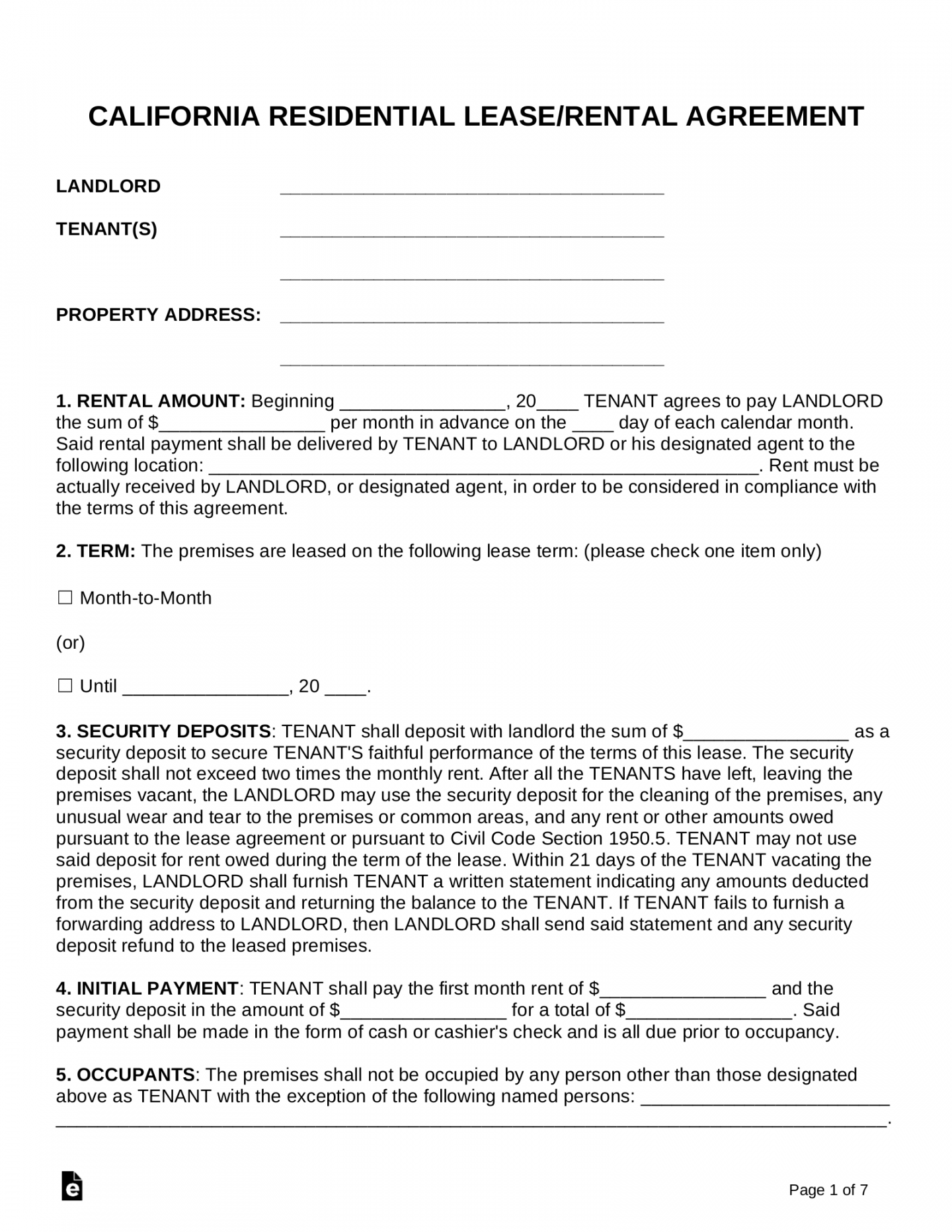 Free California Lease Agreement Templates () - PDF  Word – eForms