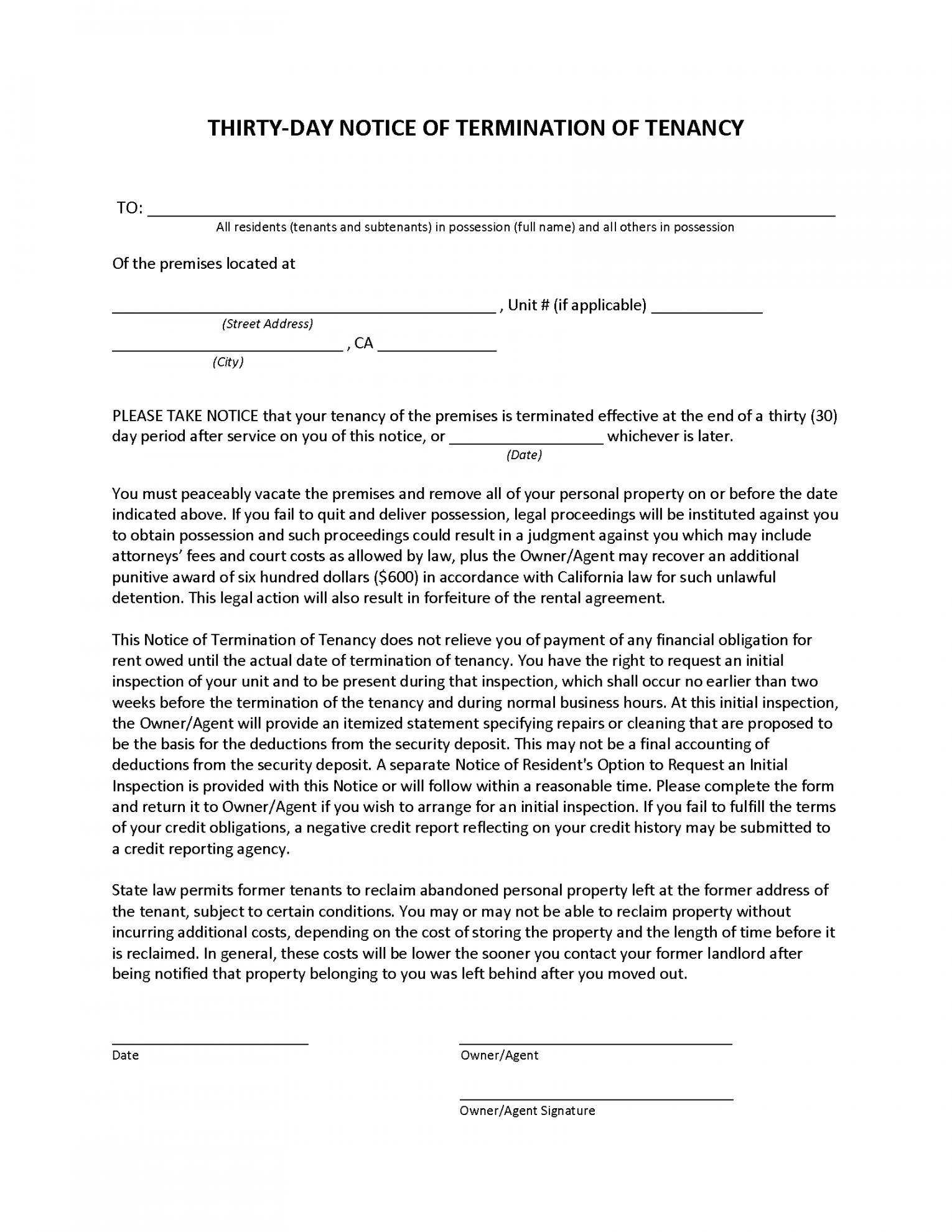 Free California Lease Termination Letter Form  -Day Notice