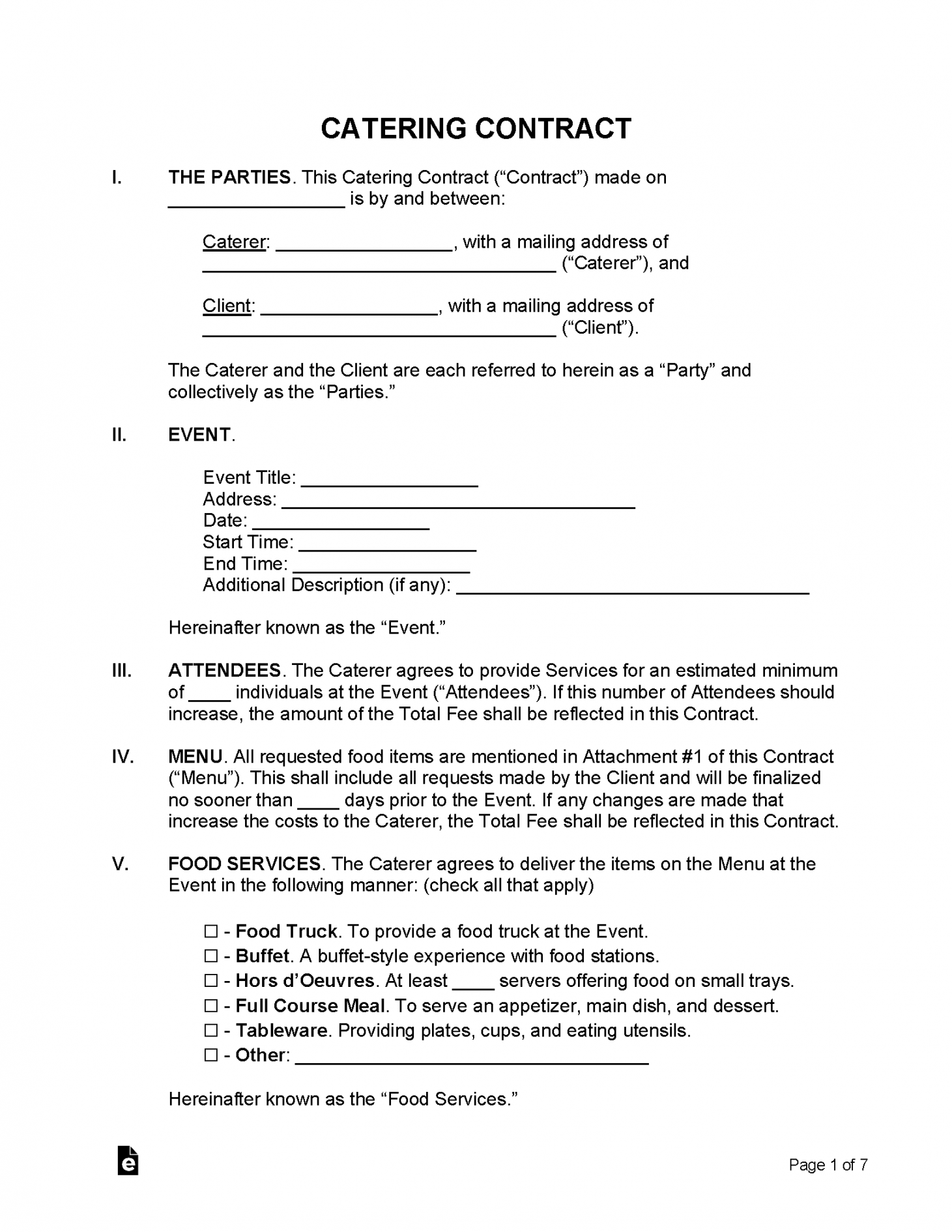 Free Catering Contract Template  Sample - PDF  Word – eForms