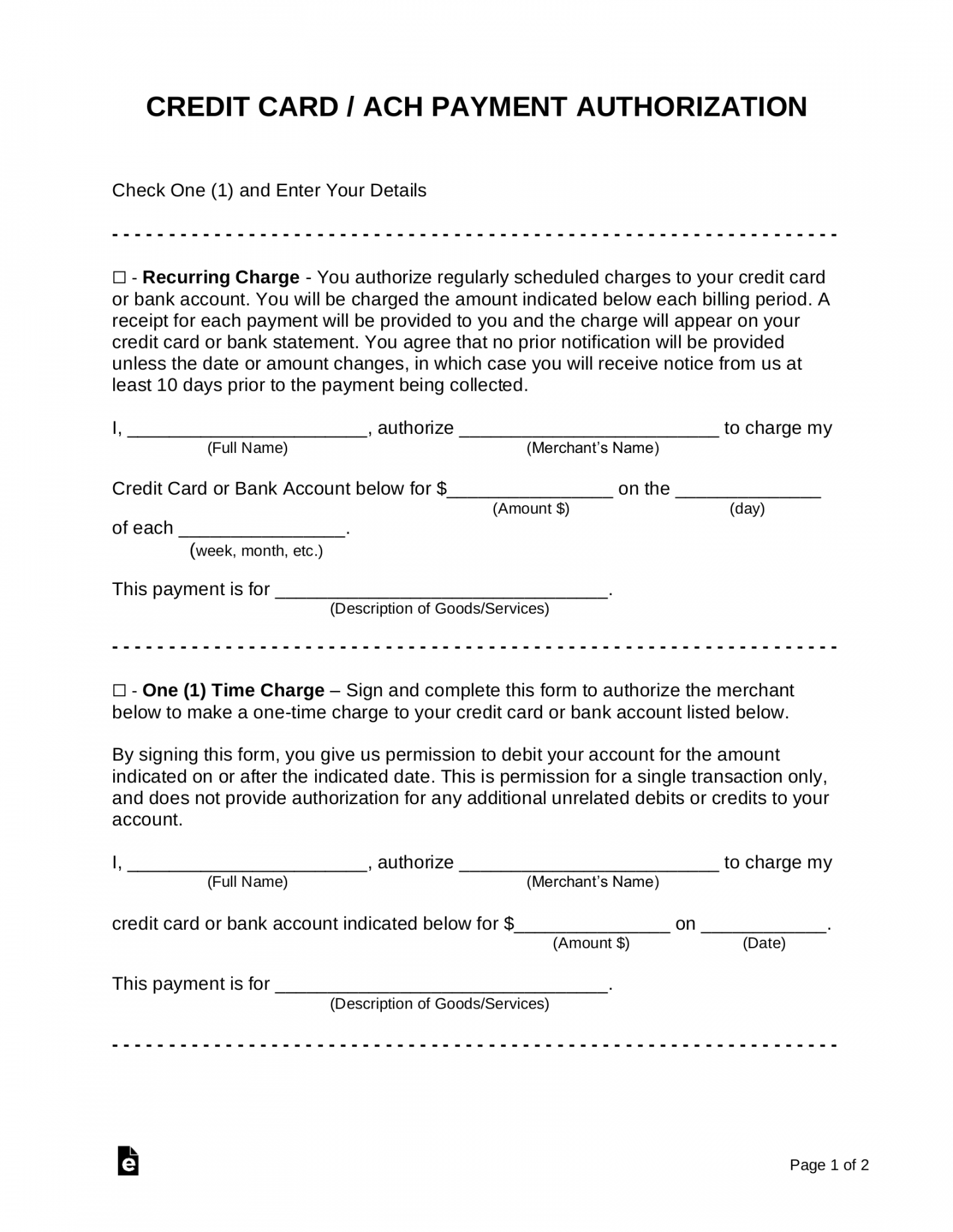 Free Credit Card (ACH) Authorization Forms ()  Sample - PDF