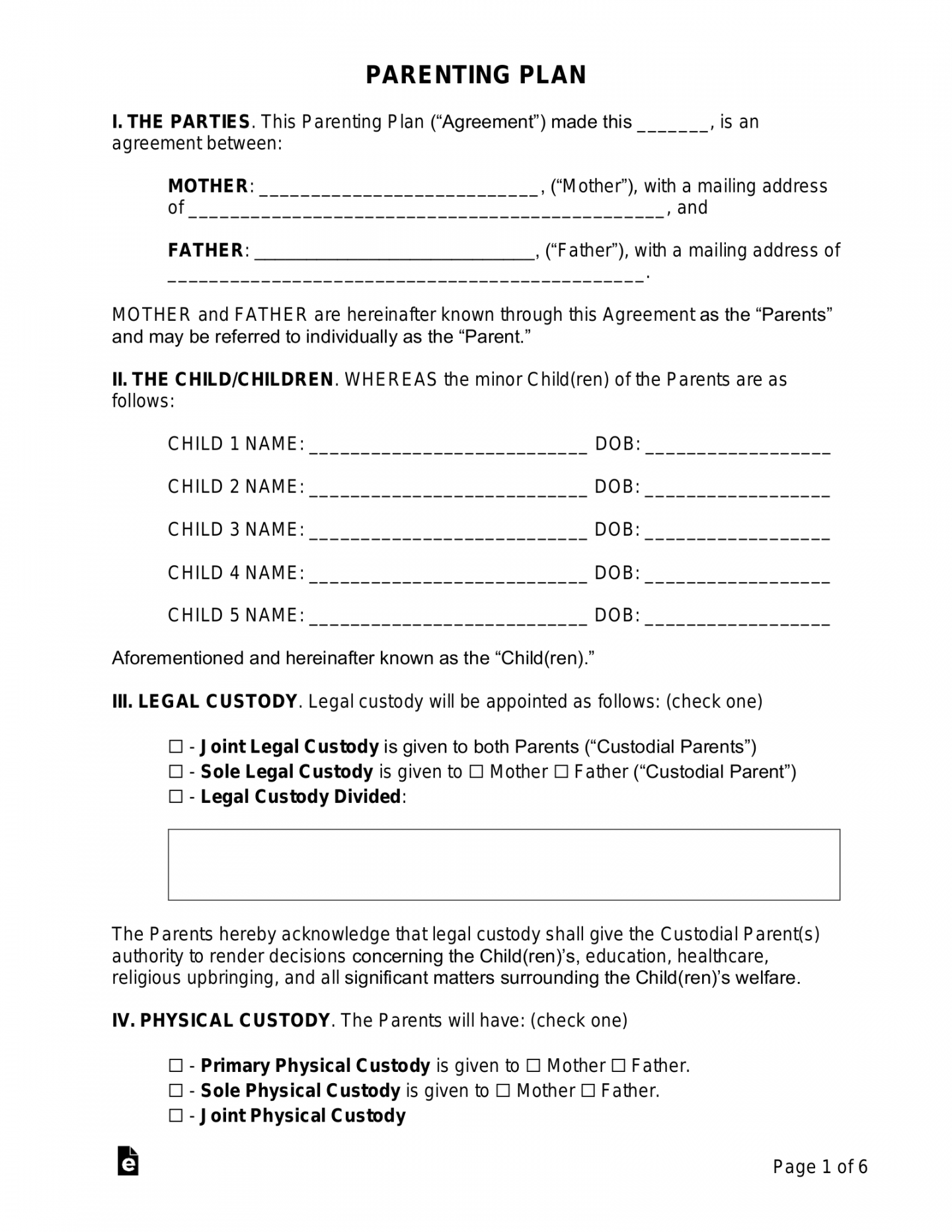 Free Custody (Parenting Plan) Agreement Template - PDF  Word – eForms