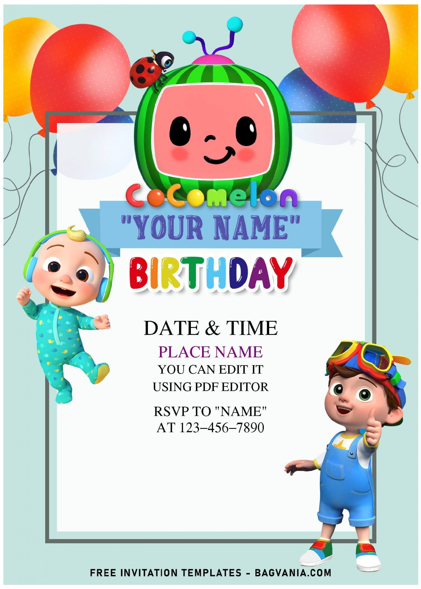 Free Editable PDF) Colorful Balloons Cocomelon Birthday Invit