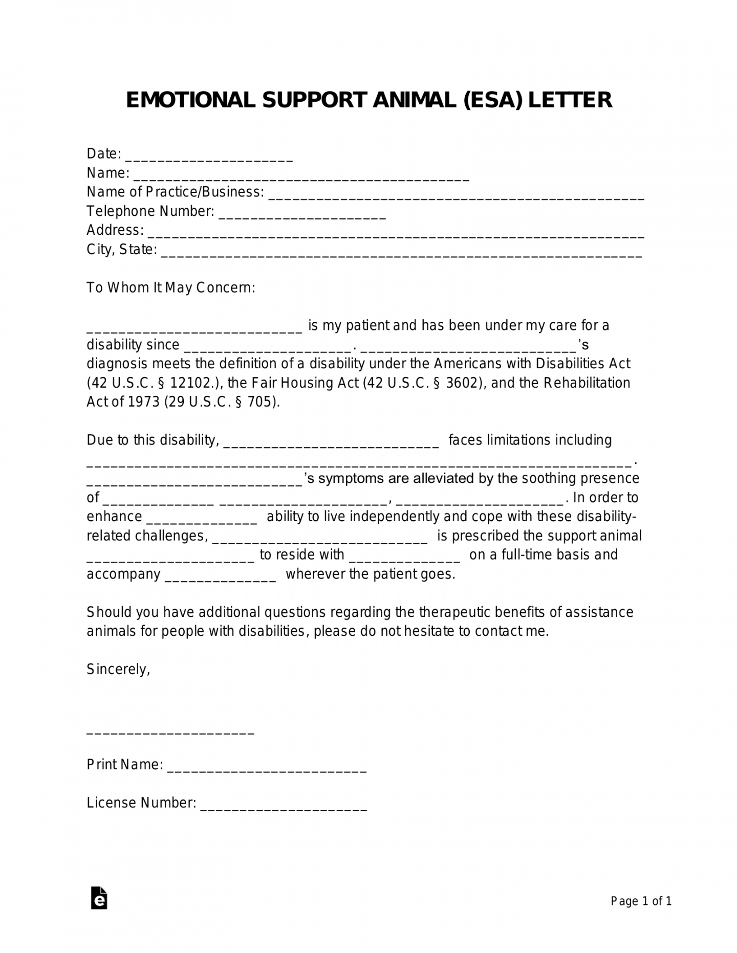 Free Emotional Support Animal (ESA) Letter Template - PDF  Word