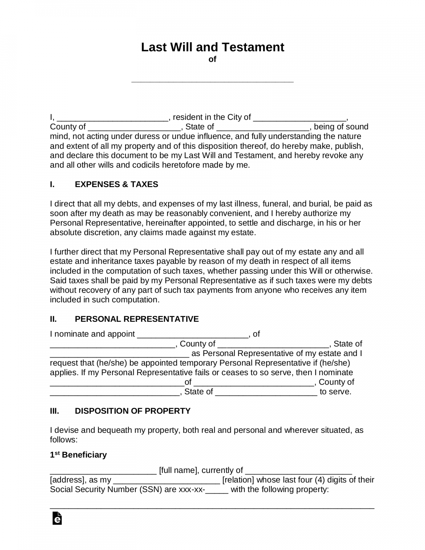 Free Last Will and Testament (Will) - PDF  Word – eForms