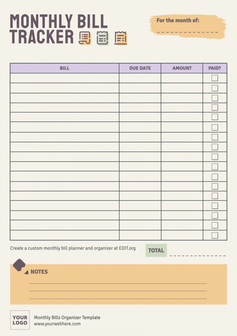 Free Monthly Bills Organizer Templates