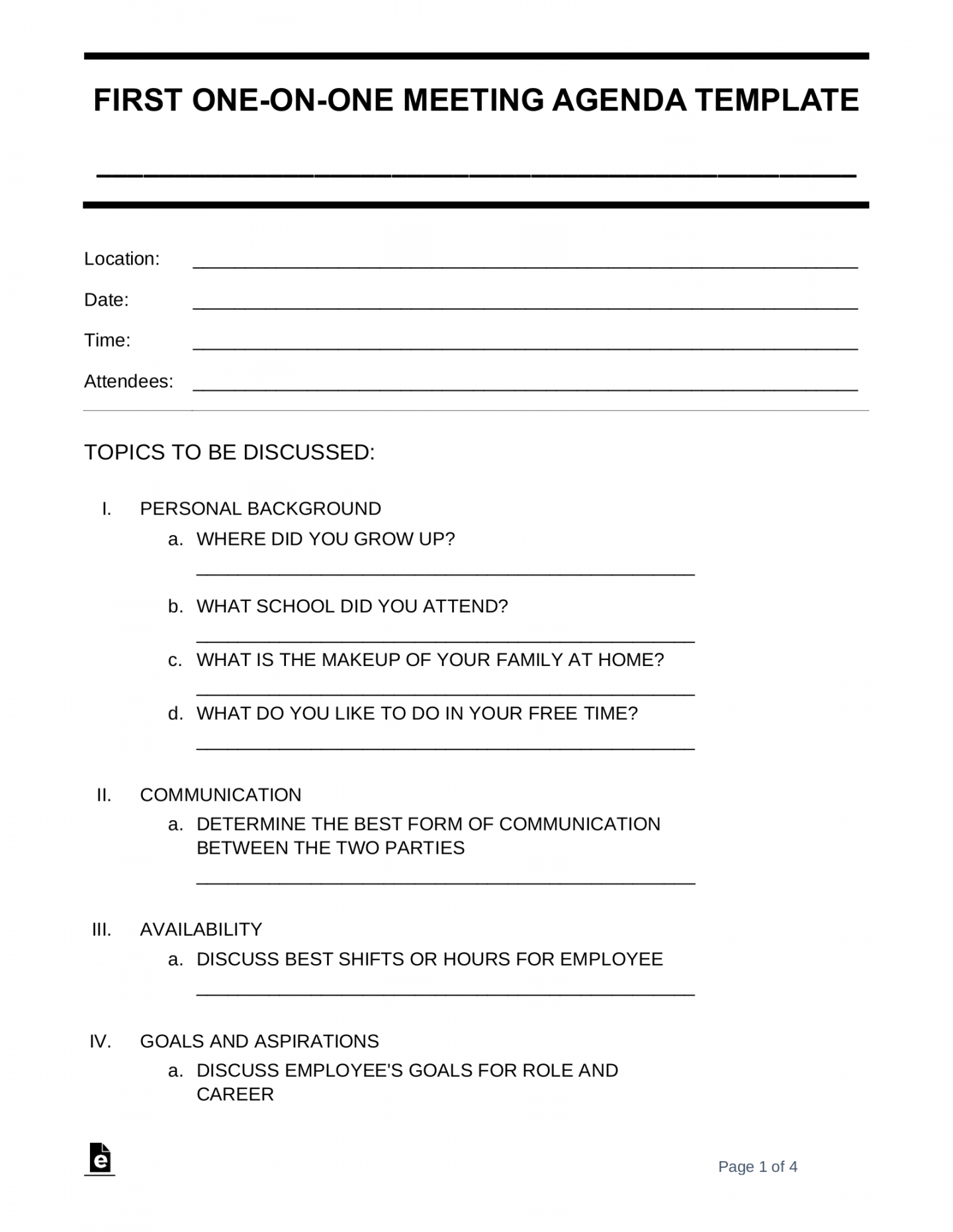 Free One-on-One Meeting Agenda Template  Sample - PDF  Word – eForms