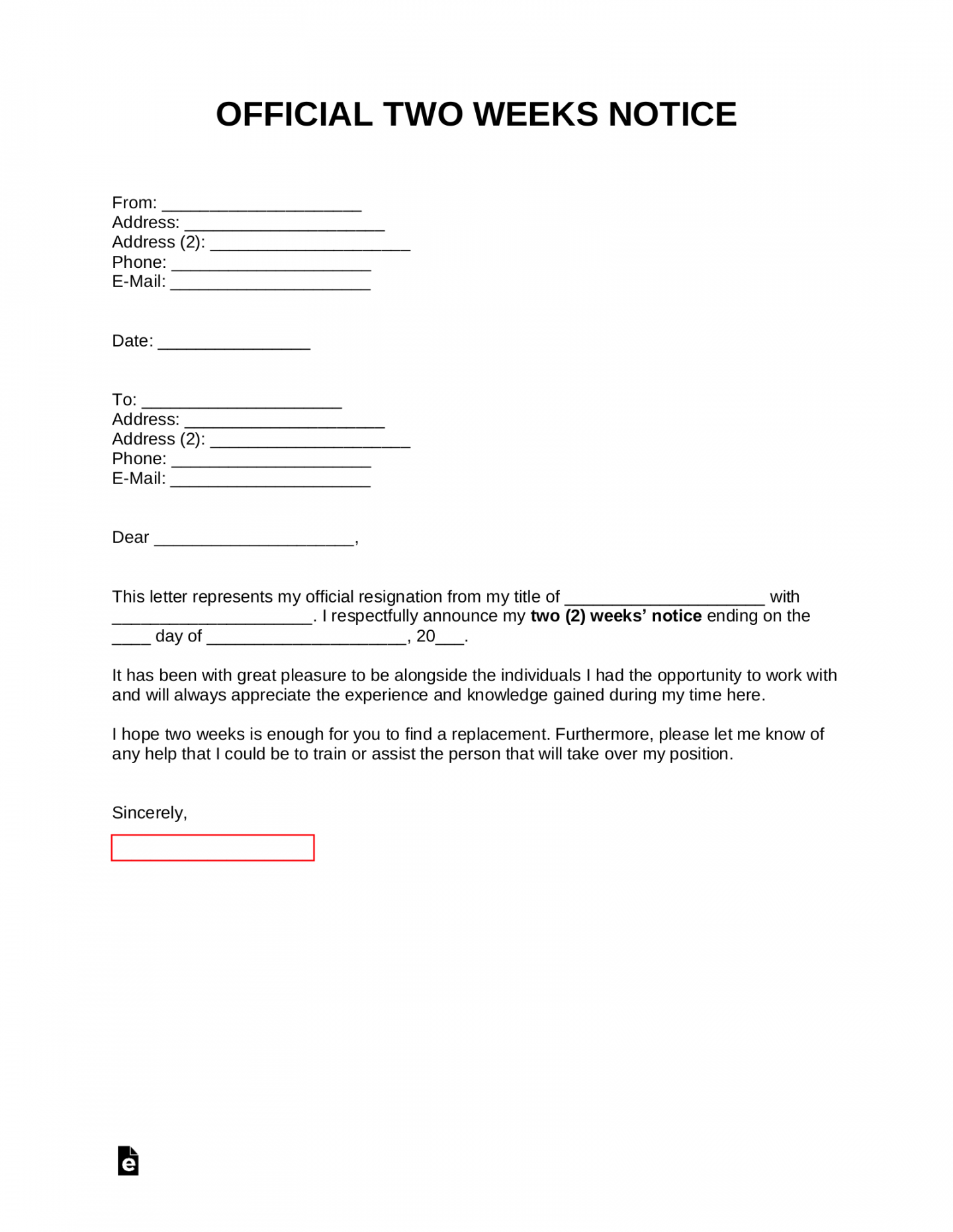 Free Two Weeks Notice Letter  Templates & Samples - PDF  Word