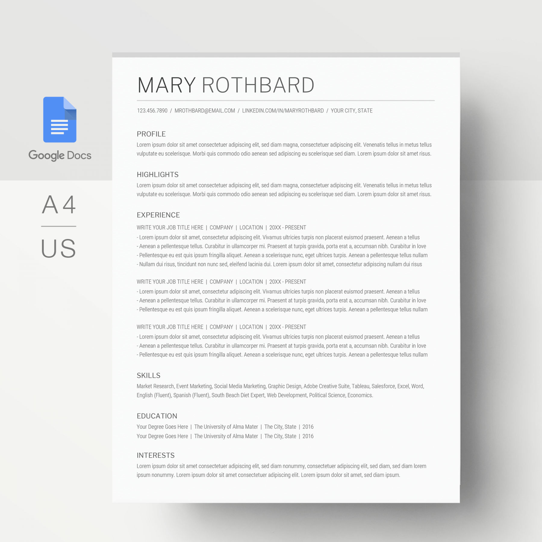 Google Docs Resume Template: Mary Rothbard