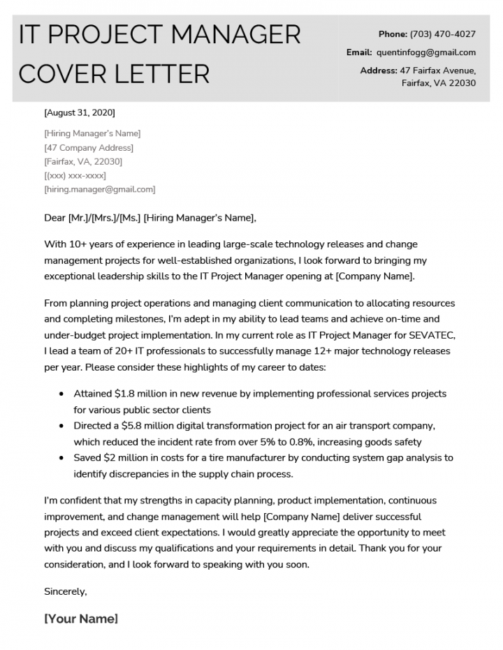 IT Project Manager Cover Letter Example  Resume Genius