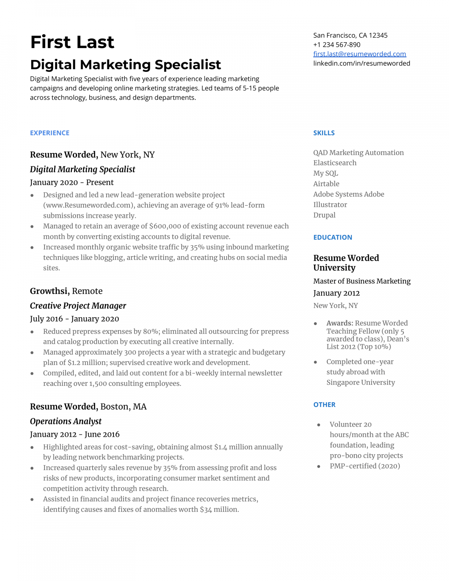 + Marketing Resume Examples for   Resume Worded