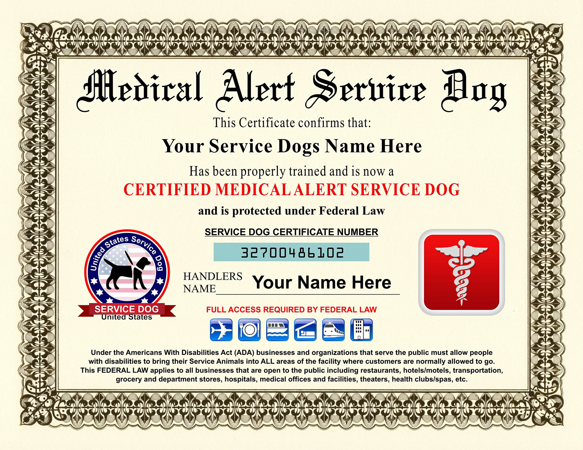 Medical Alert Service Dog Certificate - Customizable with Dogs/Handlers Name