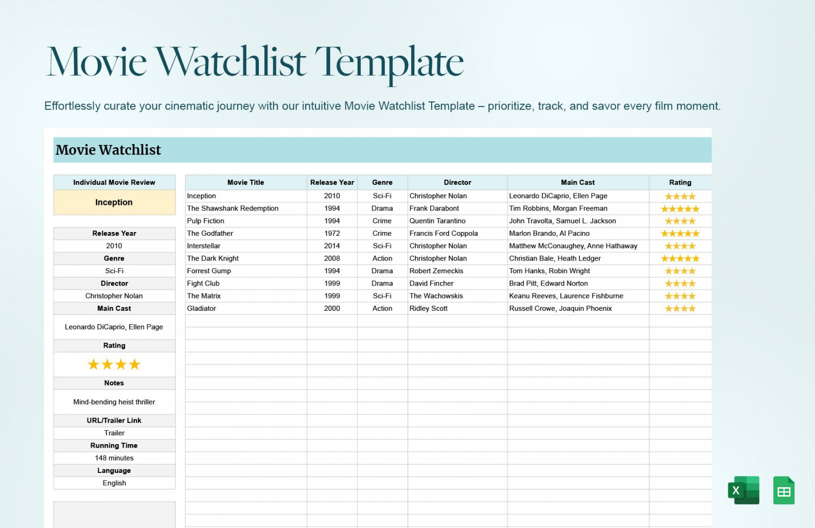 Movie Watchlist Template - Download in Excel, Google Sheets