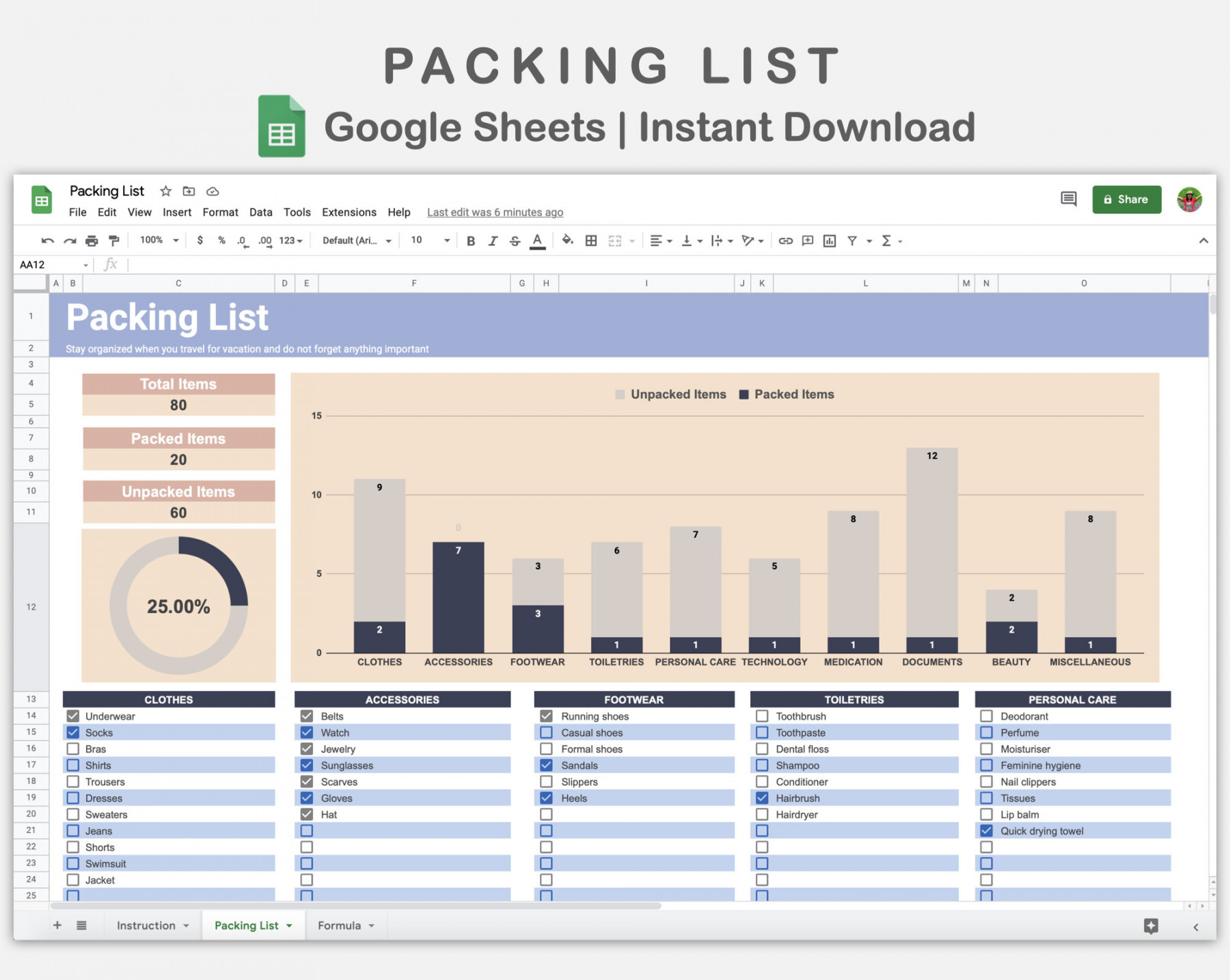 Packing List Google Sheets Packing List Template Spreadsheet - Etsy