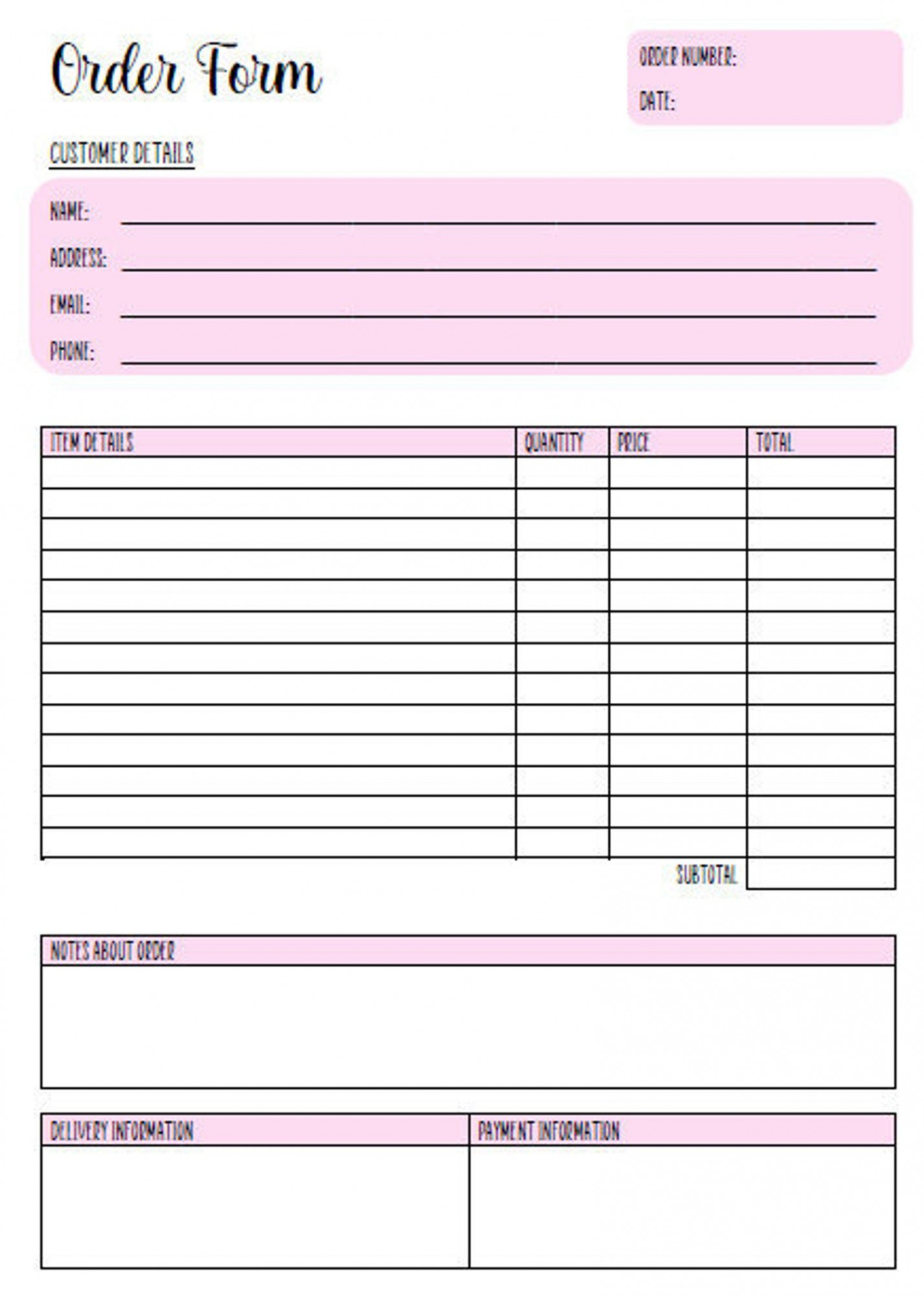 Pink Order Form Template Editable Printable Order Form - Etsy