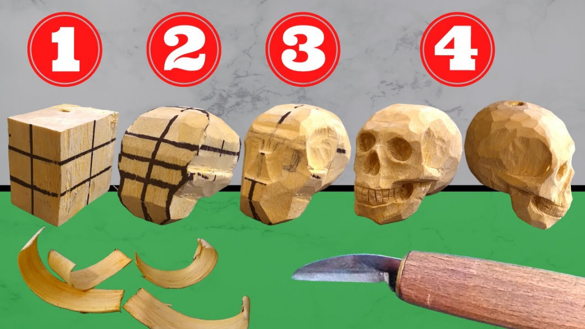 Steps for CARVE HUMAN SKULL in wood, 💀 HALLOWEEN Whittling, Skull  SCULPTURE , ASMR