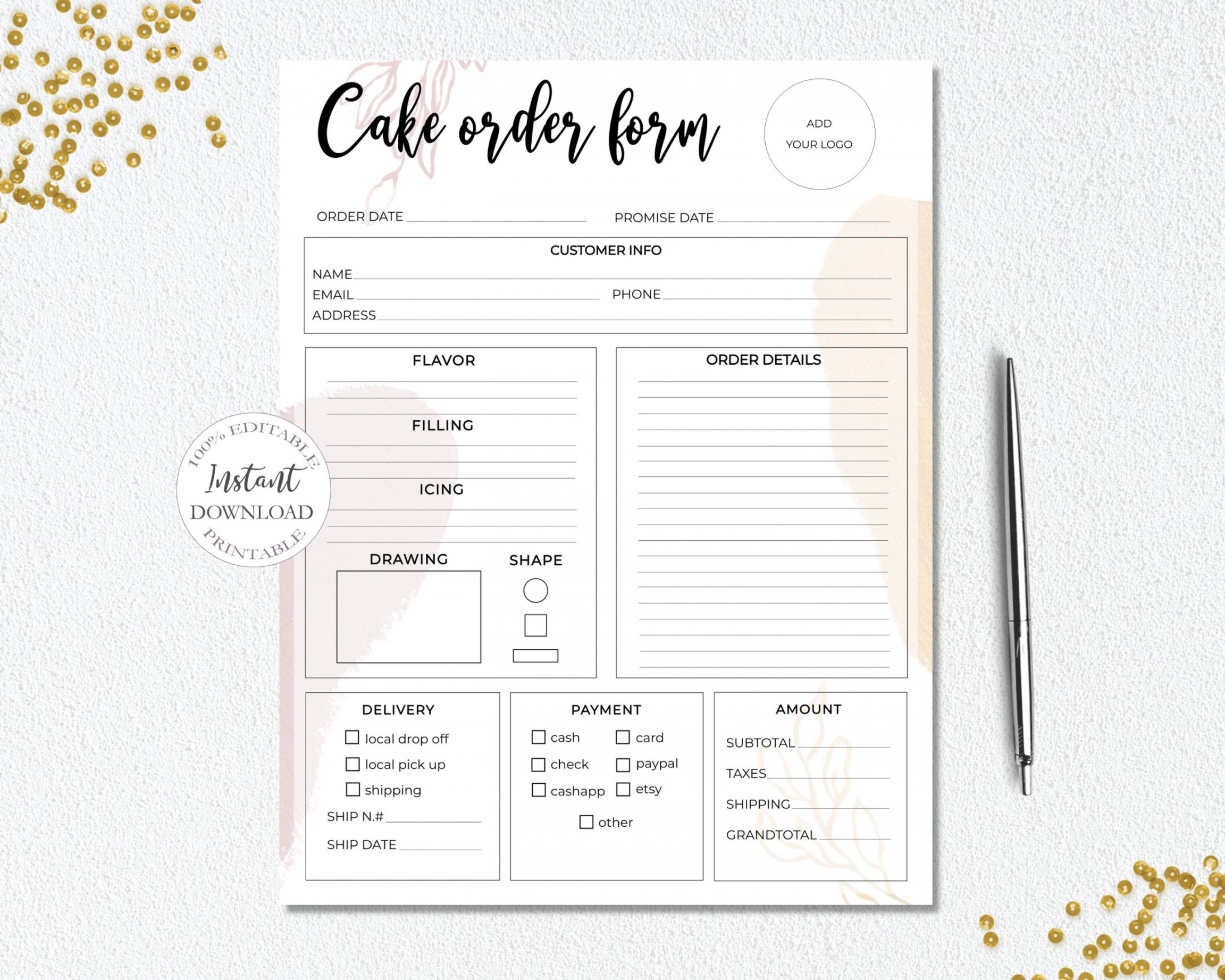 SunRayArt Designs - Cake Order Form Editable Template