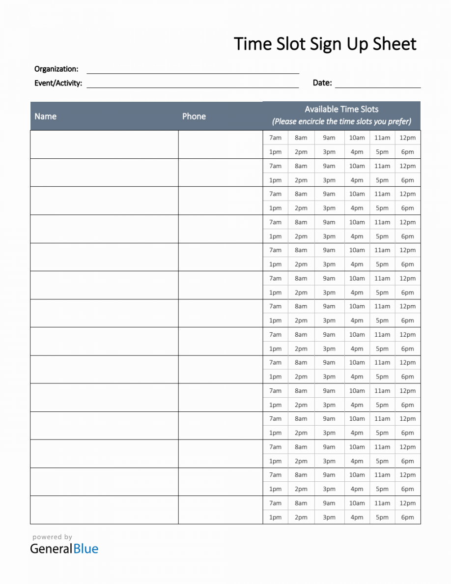 Time Slot Sign Up Sheet Template in Word (Basic)