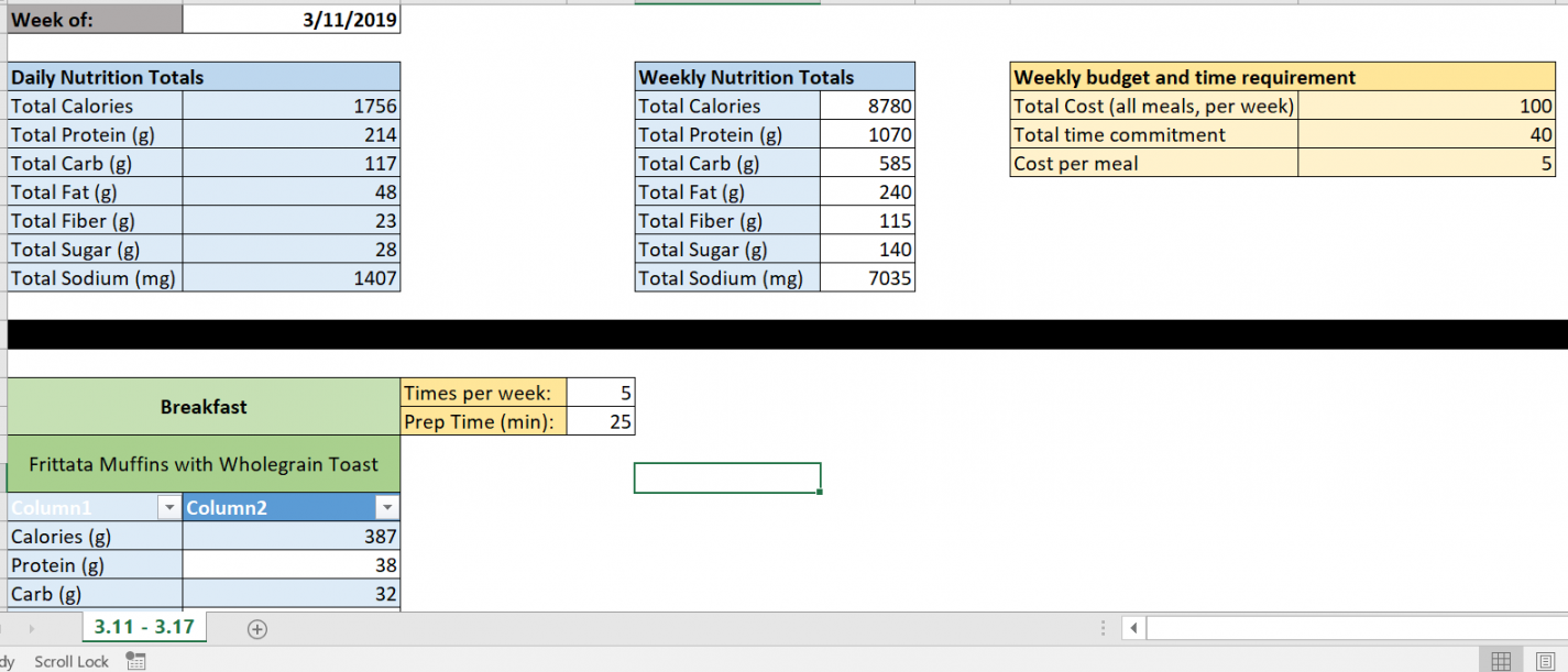 Today I made a meal prep spreadsheet to track macros, nutrition