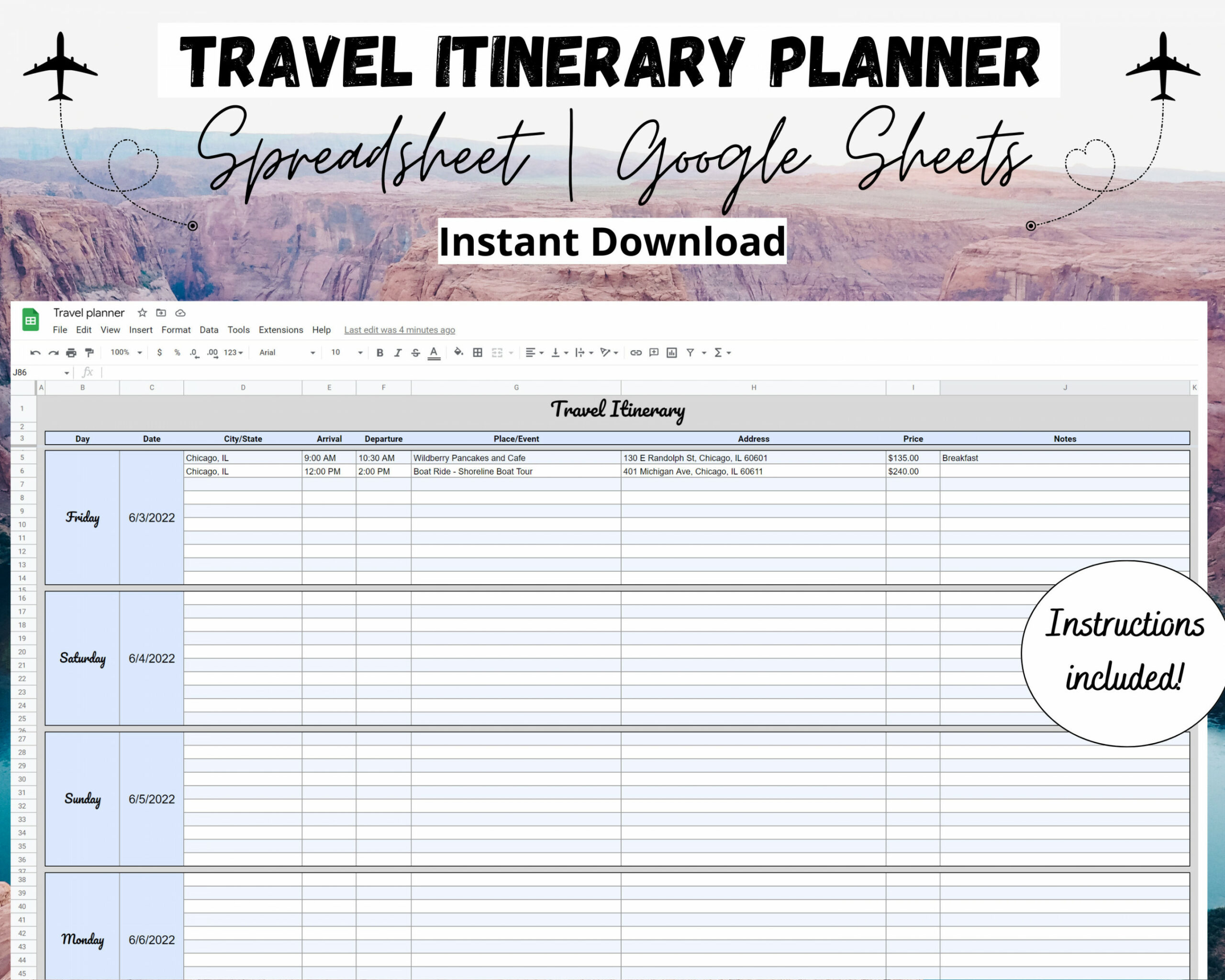 Travel Itinerary Template Google Sheets Vacation Planner Travel