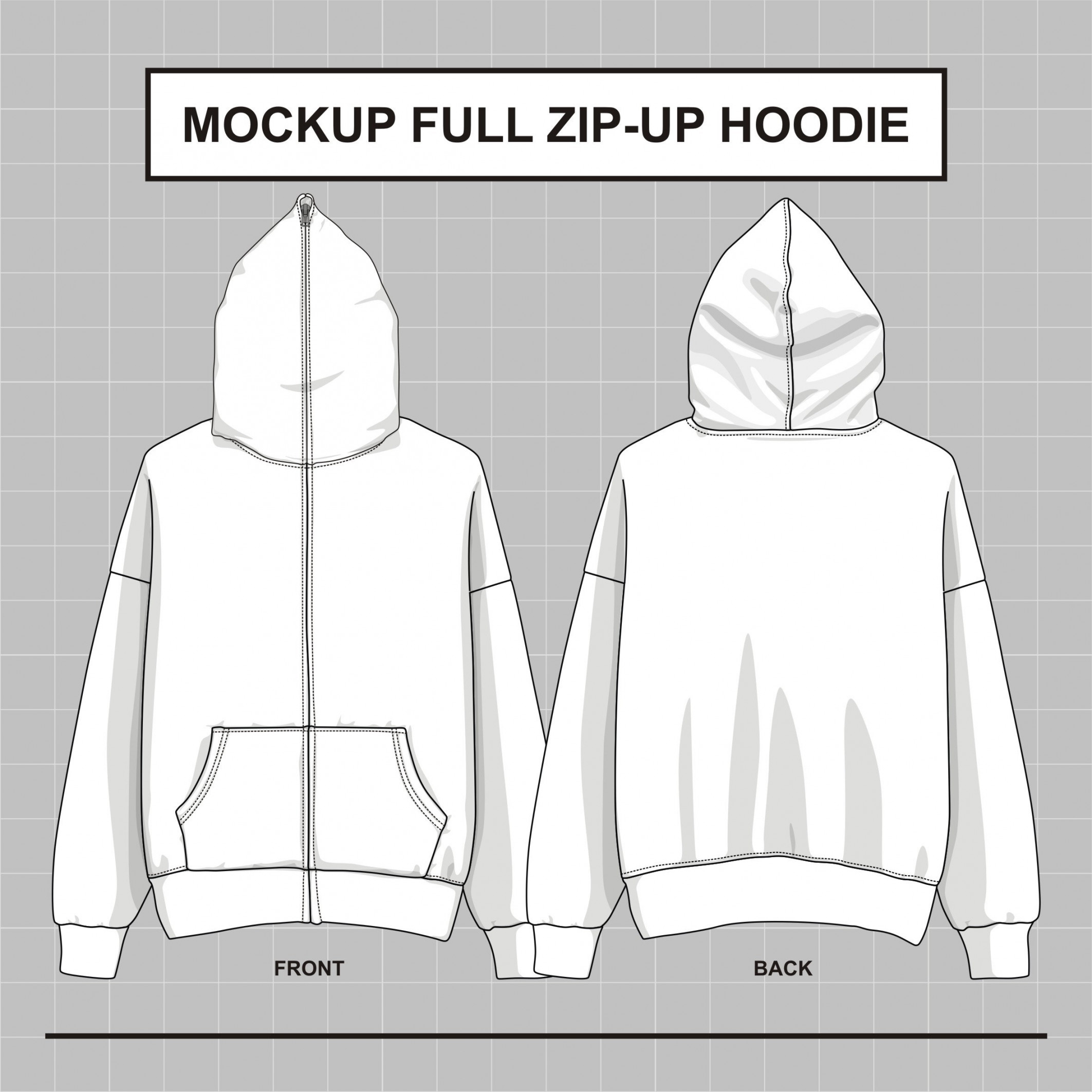 Vector Mockup Full Zip up Hoodie Over Face Illustrator, EPS, PDF