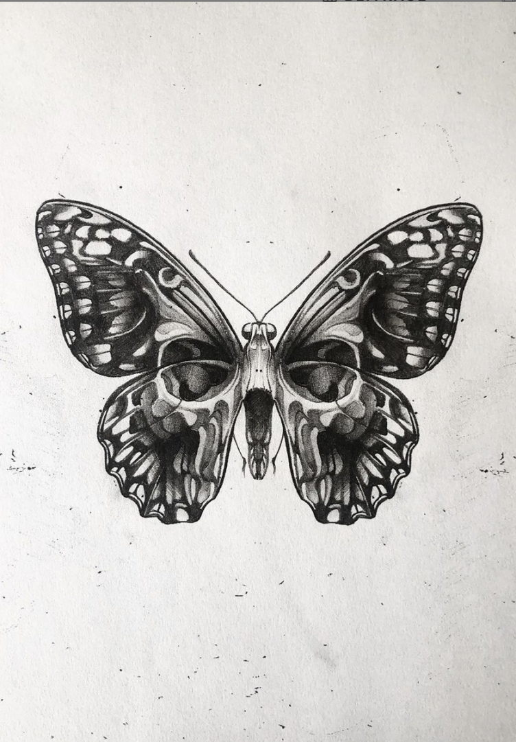 Beautiful skull, butterfly artwork  Skull butterfly tattoo, Black