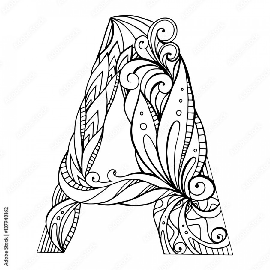 Black and white freehand drawing capital letter A with floral