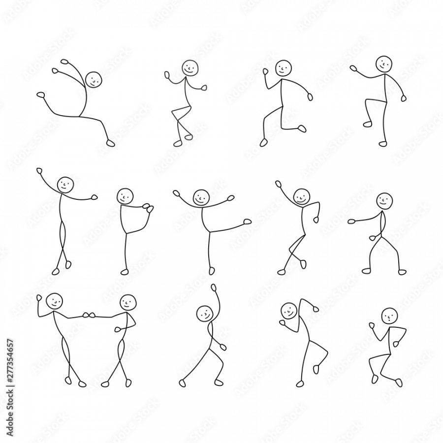 Cartoon icons set of sketch little people stick figure, dancing