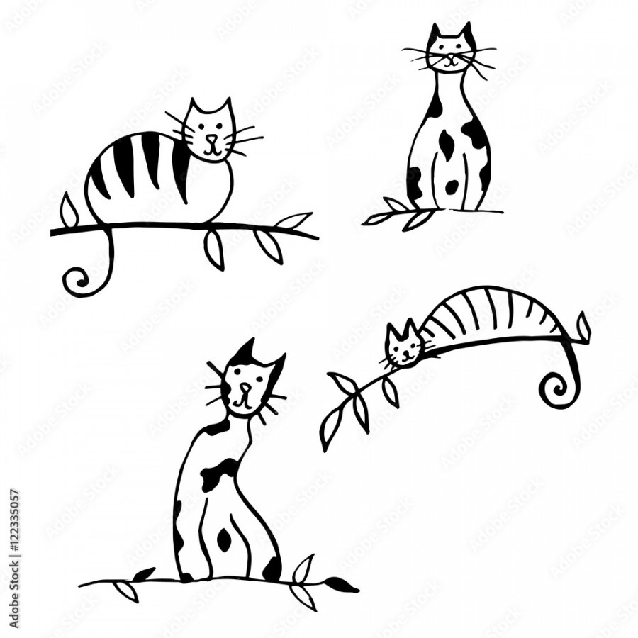 Collection of cats. Cartoon . Stylized. Pets. Line art