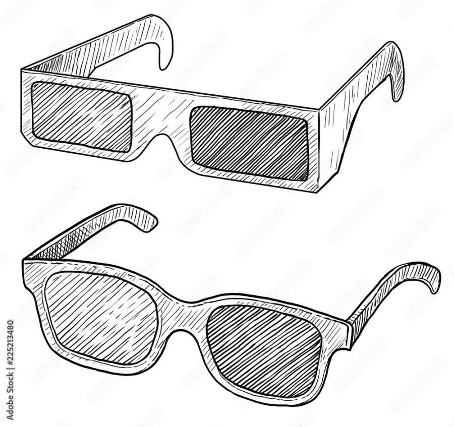 D glasses illustration, drawing, engraving, ink, line art, vector