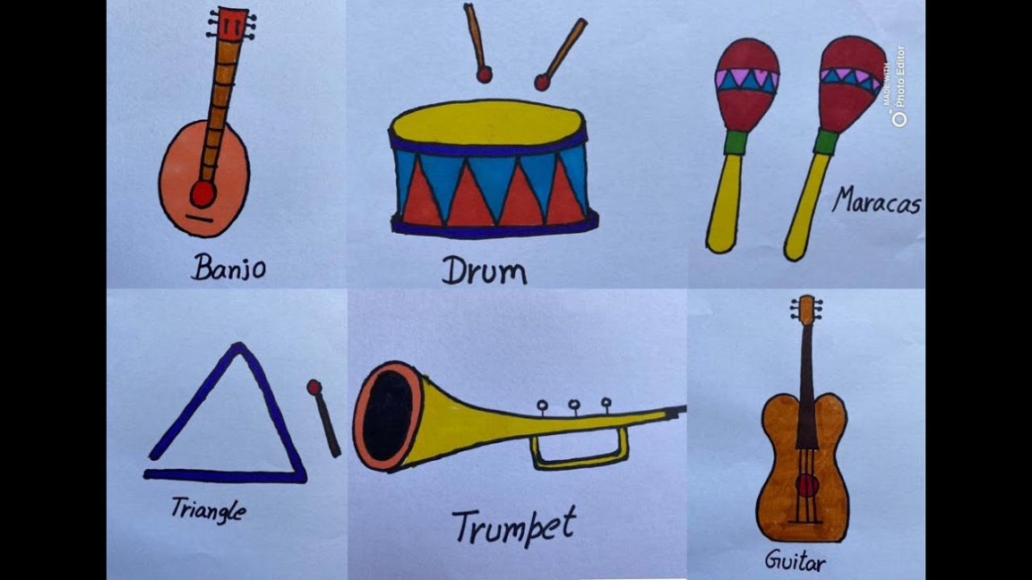 Easy musical instruments drawingLearn how to draw  Drum,Maracas,Guitar,Triangle,Banjo, Trumpet