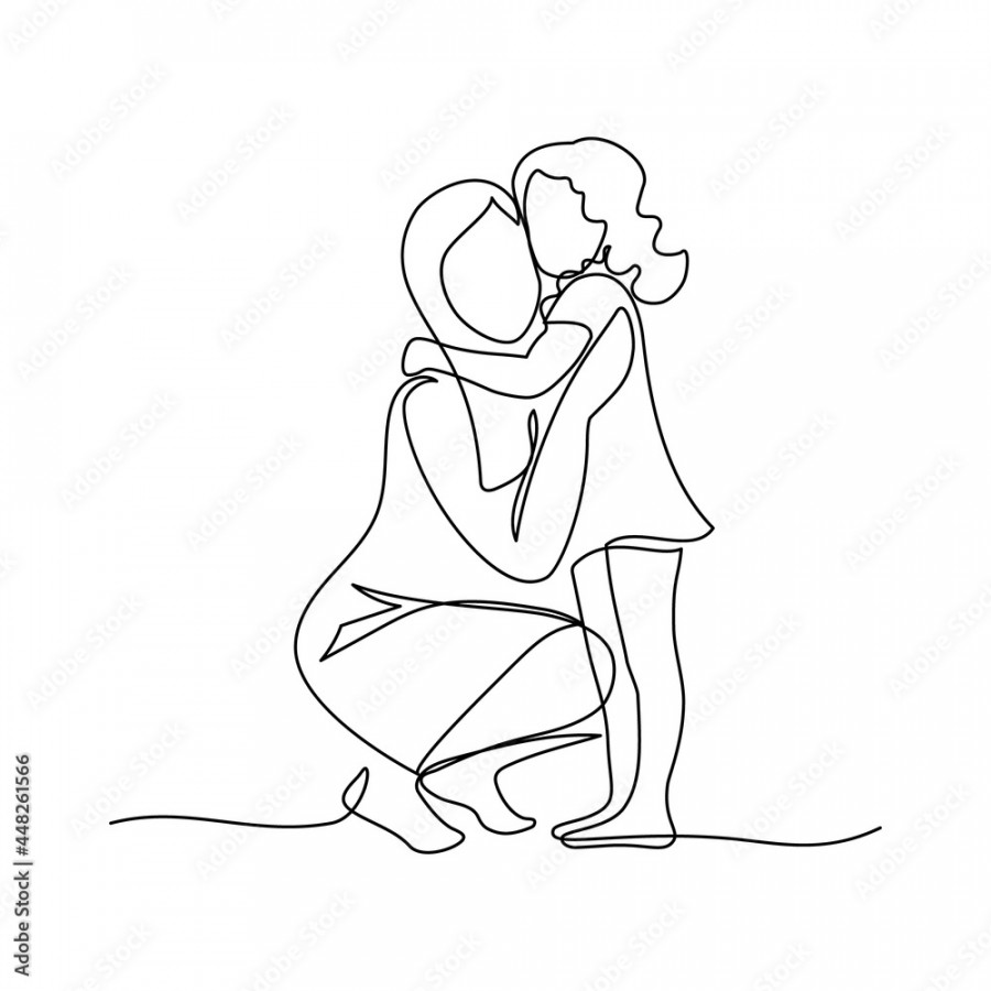 Happy mom with her female child in continuous line art drawing